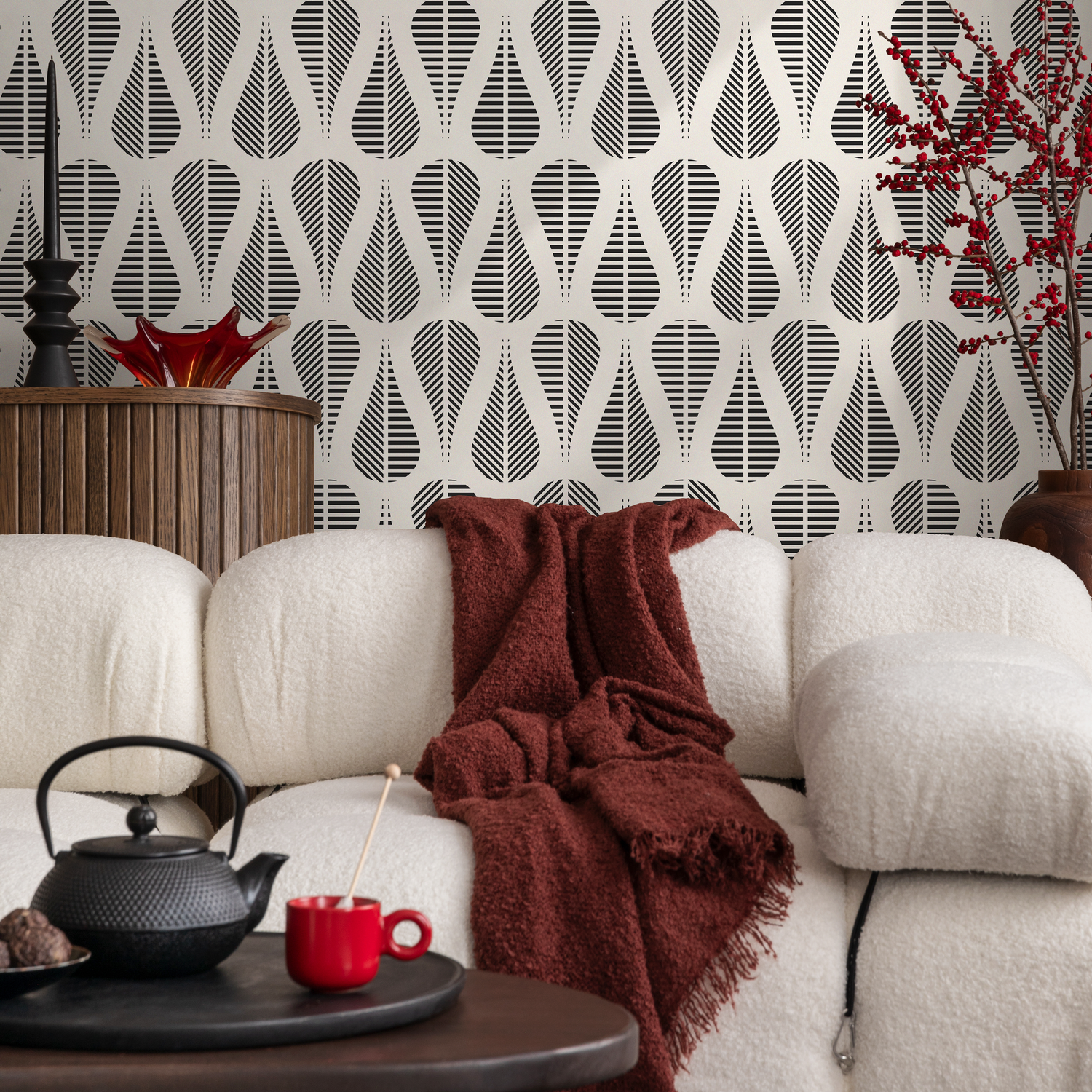Abstract Wallpaper with a Mid-Century Striped Motif in Black and Cream - C328
