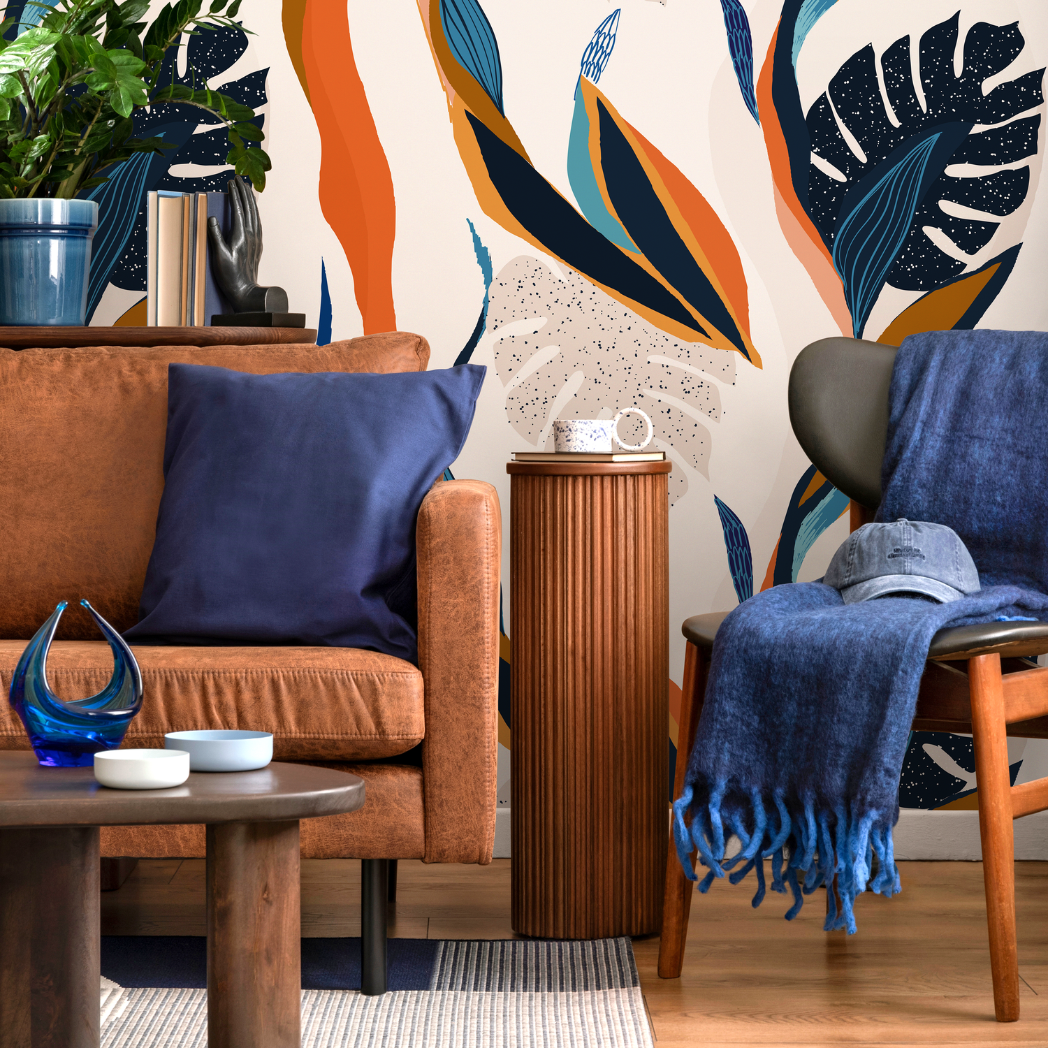 Abstract Wallpaper with a Botanical Motif in Orange, Navy, and Blue - C333