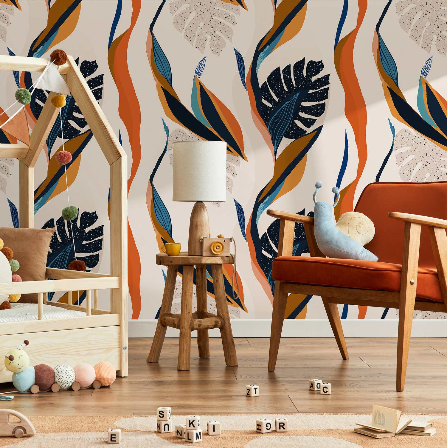 Abstract Wallpaper with a Botanical Motif in Orange, Navy, and Blue - C333