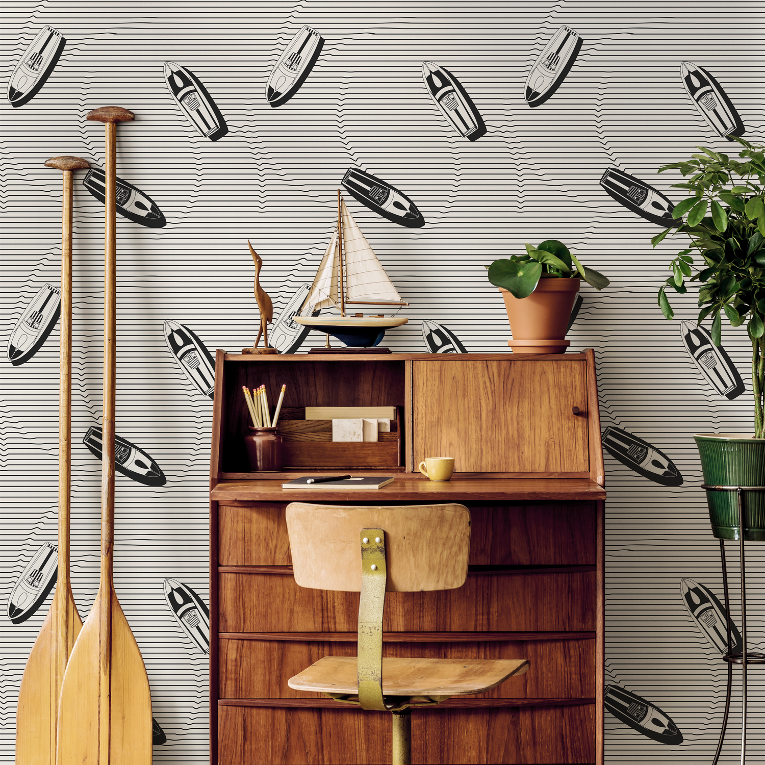 Nautical Wallpaper with Speedboats and Wavy Lines in Black and White - C334