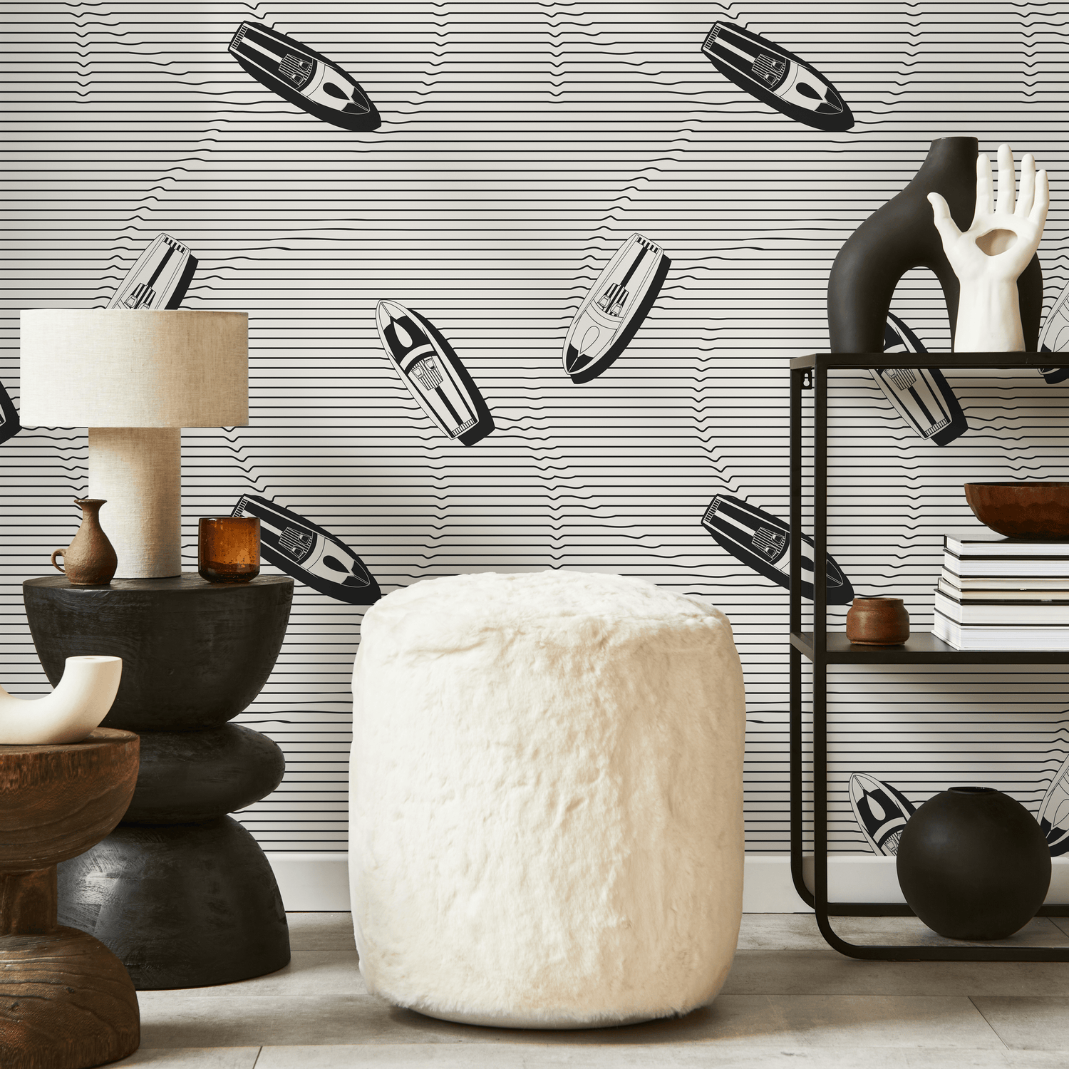 Nautical Wallpaper with Speedboats and Wavy Lines in Black and White - C334