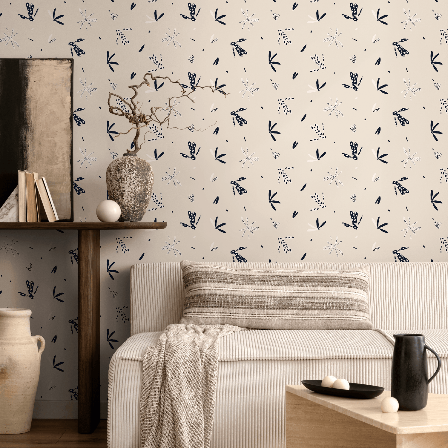 Minimalist Wallpaper with Abstract Botanical Motifs in Black and Cream - C344