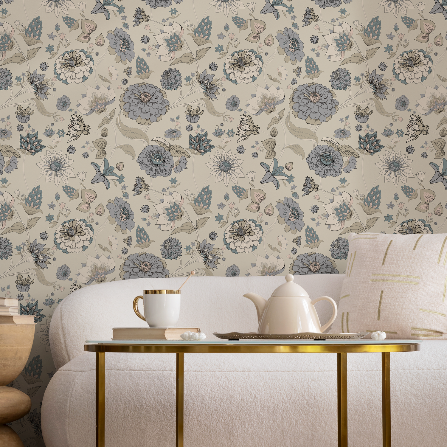Floral Wallpaper with a Vintage Botanical Motif in Blue, Beige, and Cream - C345