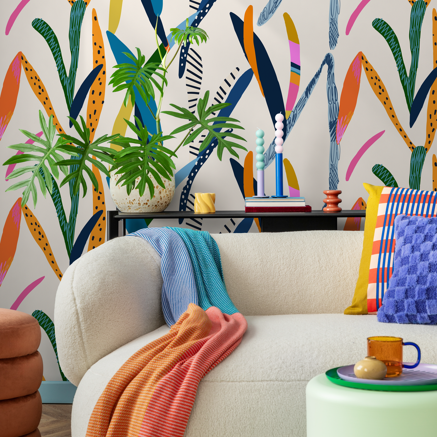 Abstract Wallpaper with Vibrant Botanical Forms in Orange, Blue, and Green - C347