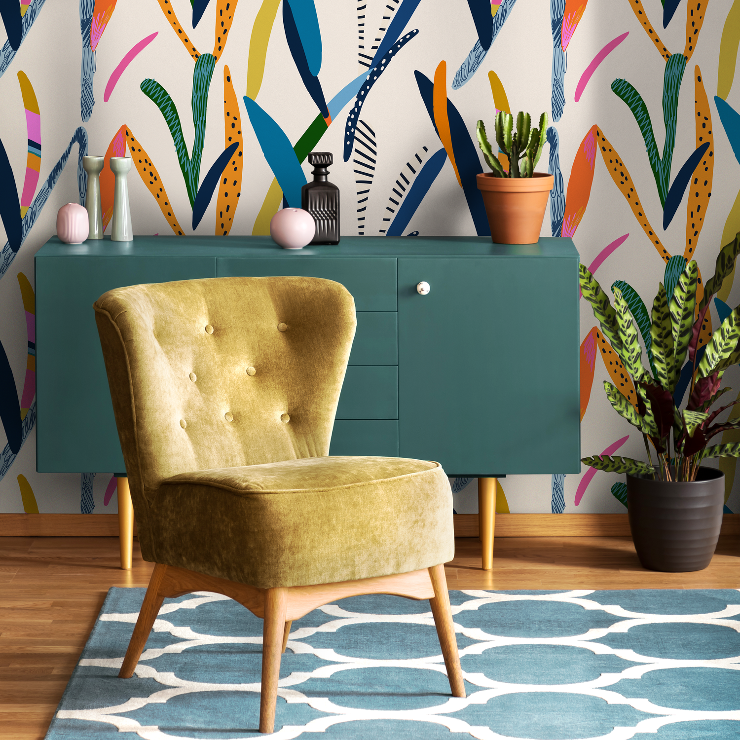 Abstract Wallpaper with Vibrant Botanical Forms in Orange, Blue, and Green - C347