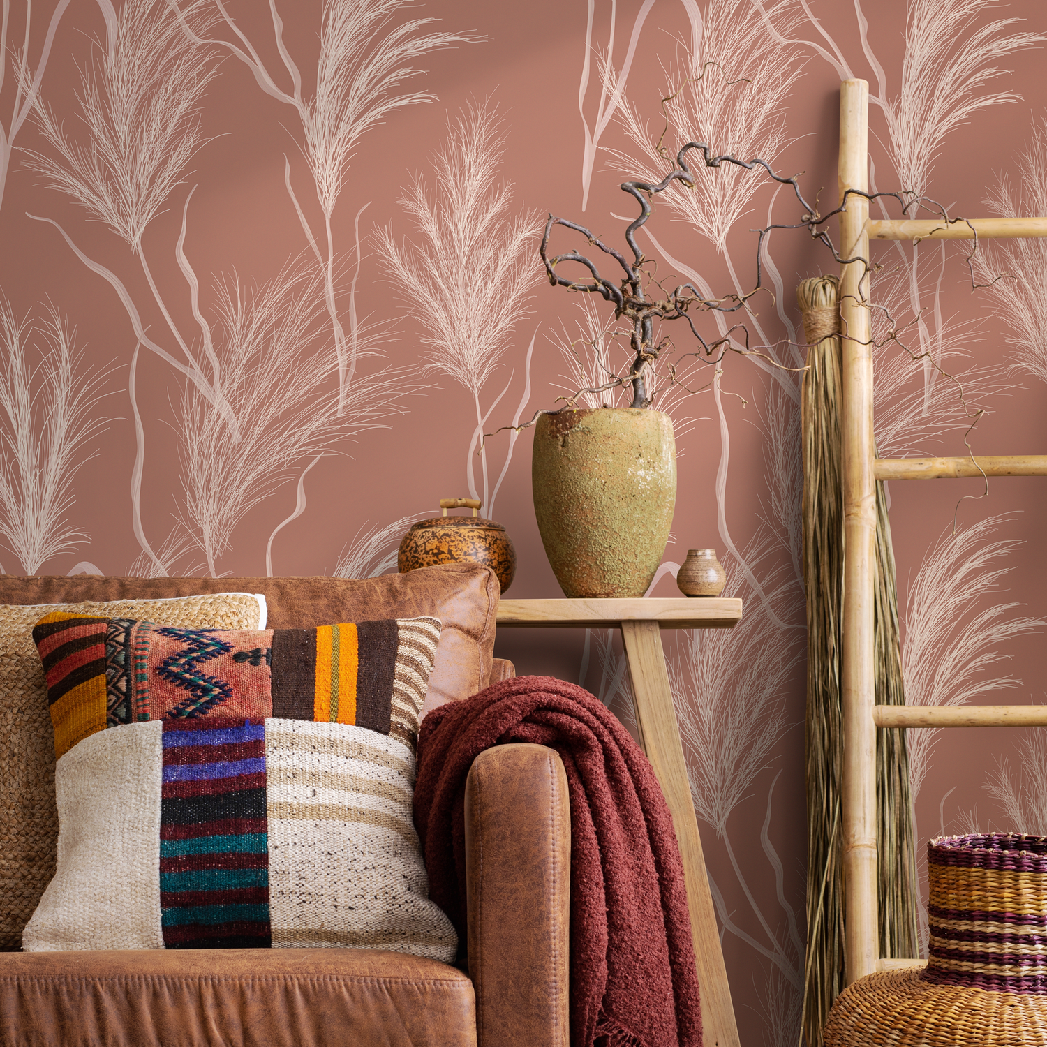 Botanical Wallpaper featuring Pampas Grass in Terracotta and White - C352