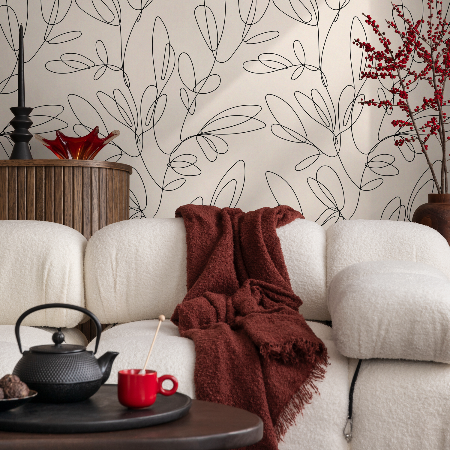 Abstract Wallpaper with Boho Leaf Line Art in Black and Beige - C355