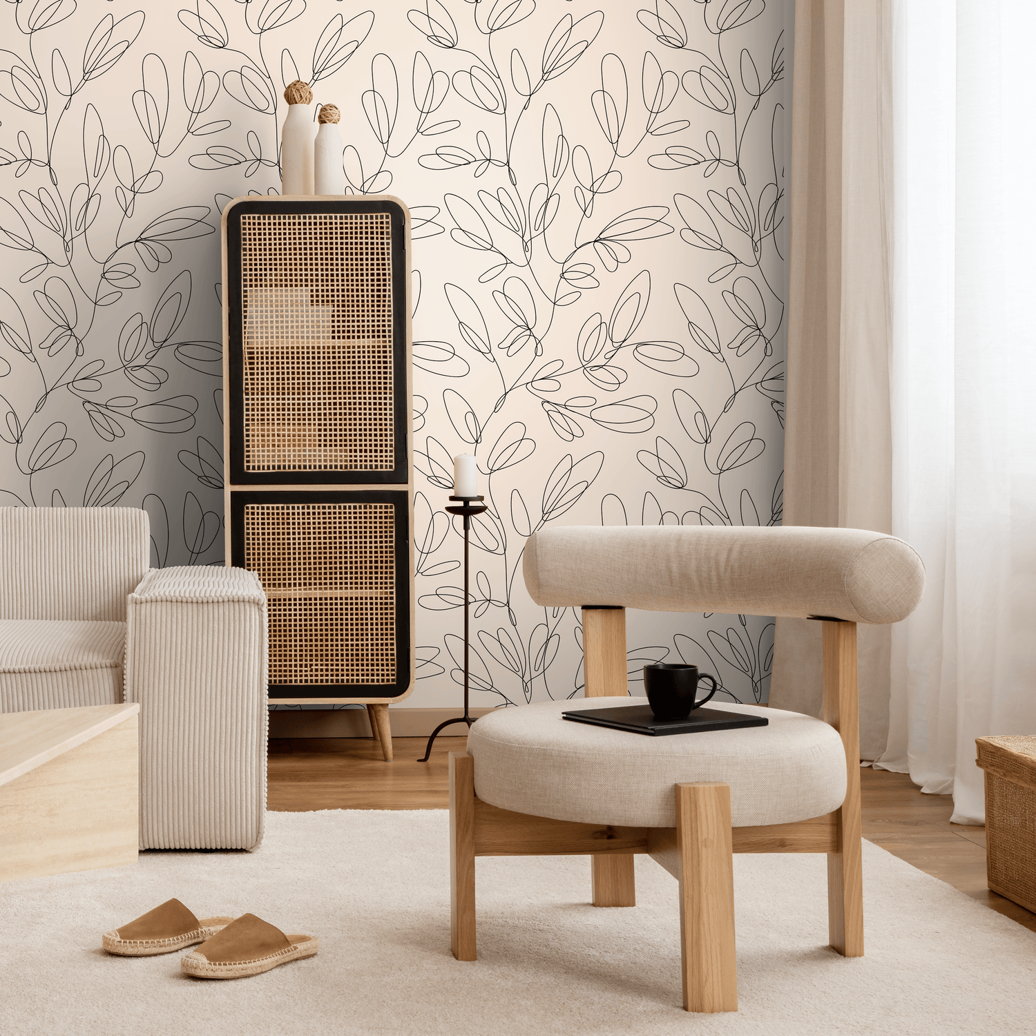 Abstract Wallpaper with Boho Leaf Line Art in Black and Beige - C355