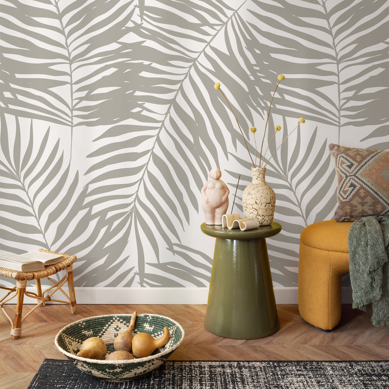 Tropical Wallpaper with a Minimalist Palm Leaf Motif in Gray - C364