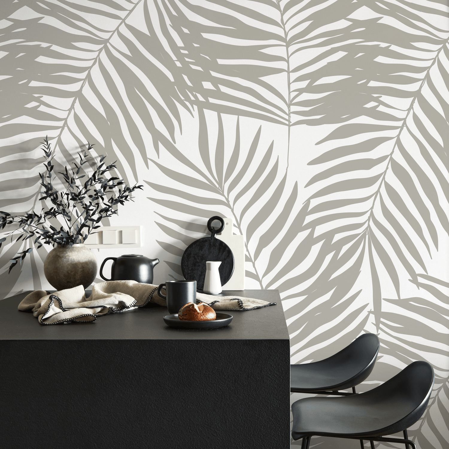 Tropical Wallpaper with a Minimalist Palm Leaf Motif in Gray - C364