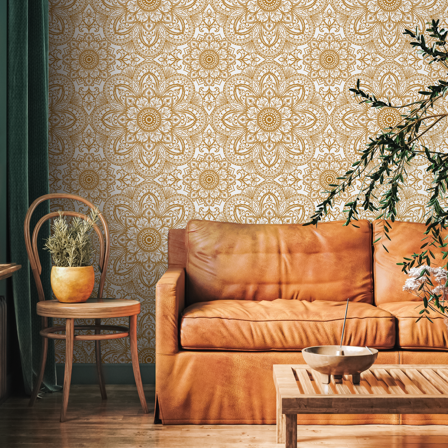 Papel pintado autoadhesivo, papel pintado extraíble, decoración del hogar, arte de pared, decoración de habitaciones / Papel pintado de mosaico árabe naranja - C367