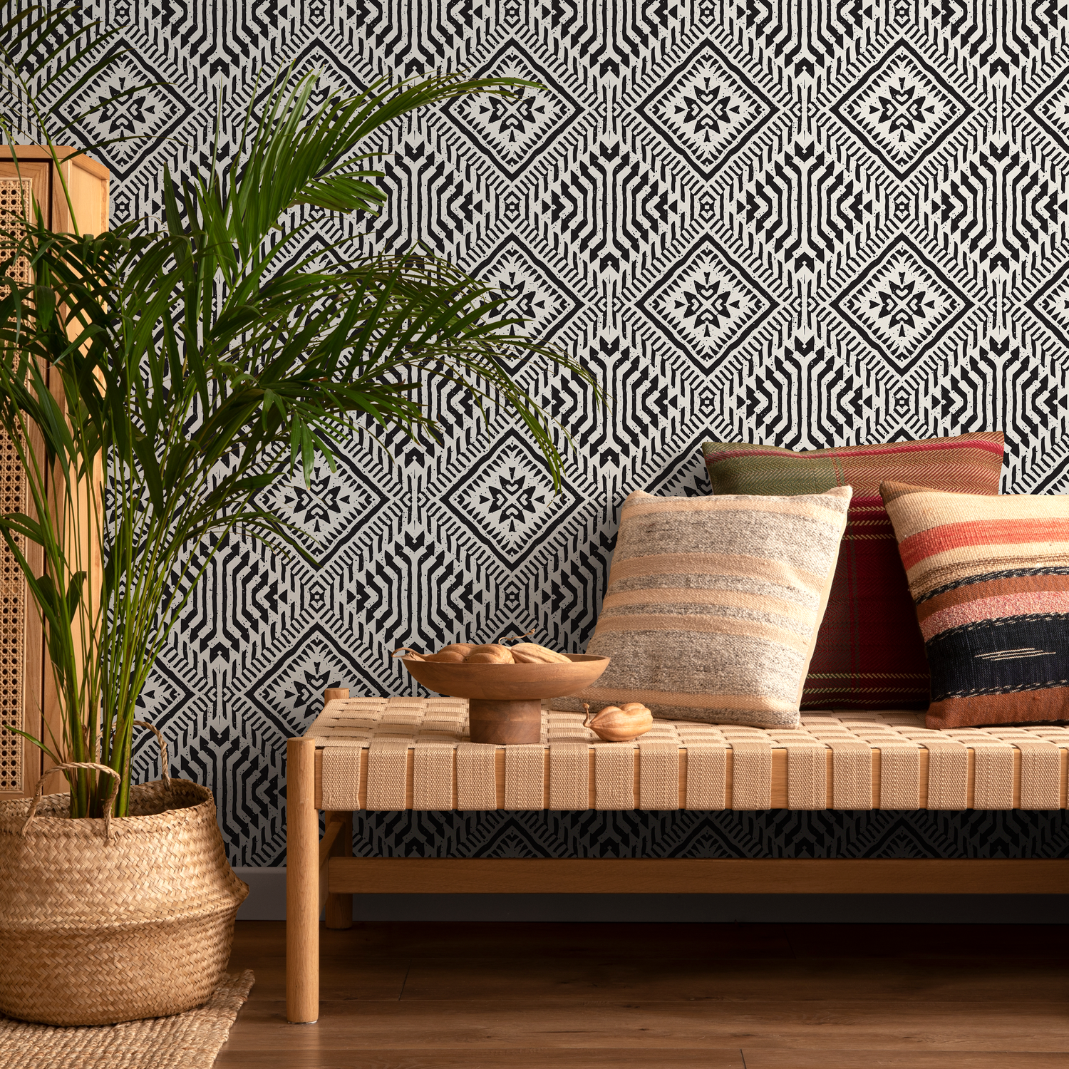 Papel tapiz autoadhesivo, papel tapiz extraíble, decoración del hogar, arte de pared, decoración de habitaciones / Papel tapiz africano geométrico negro - C373