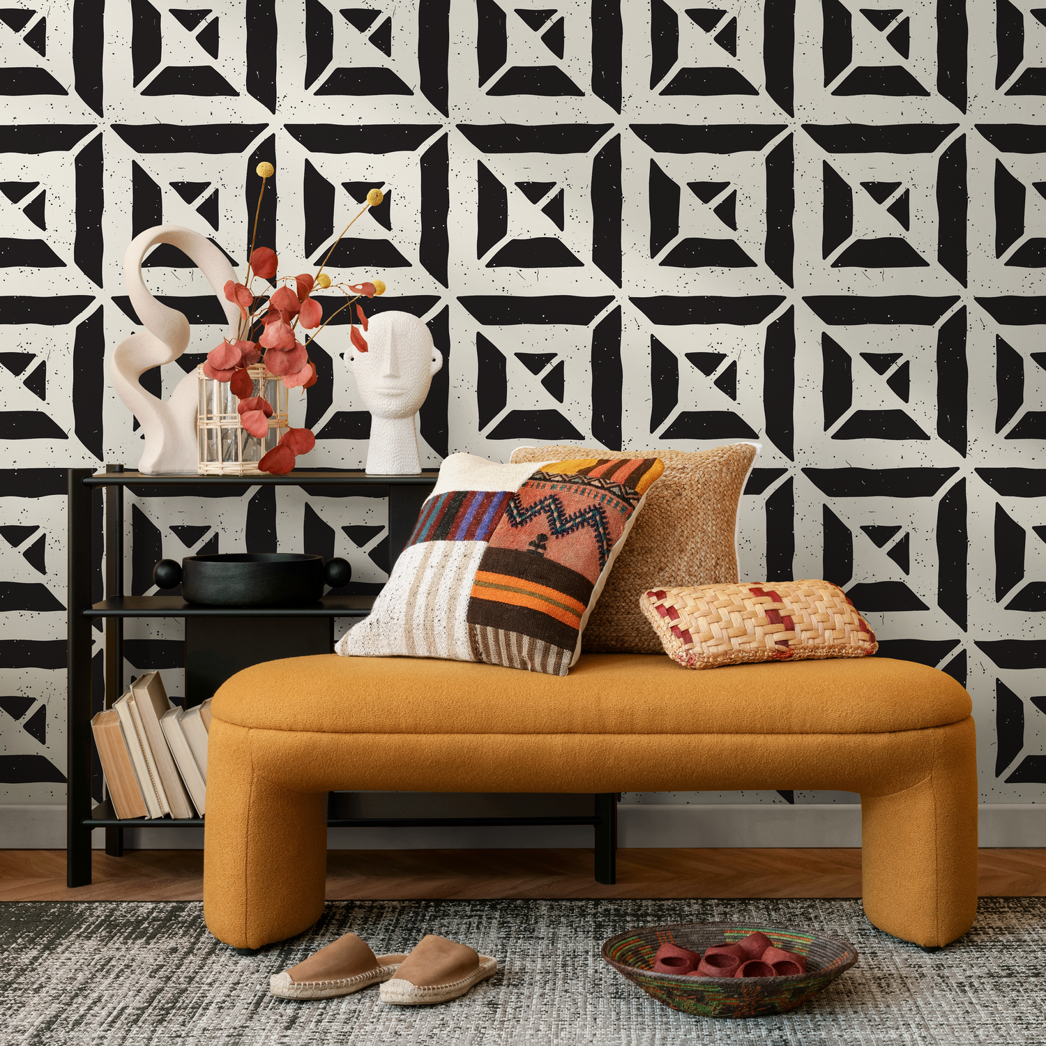 Papier peint autocollant amovible, décoration d'intérieur, art mural, décoration murale, décoration de chambre / Papier peint géométrique noir moderne - C374