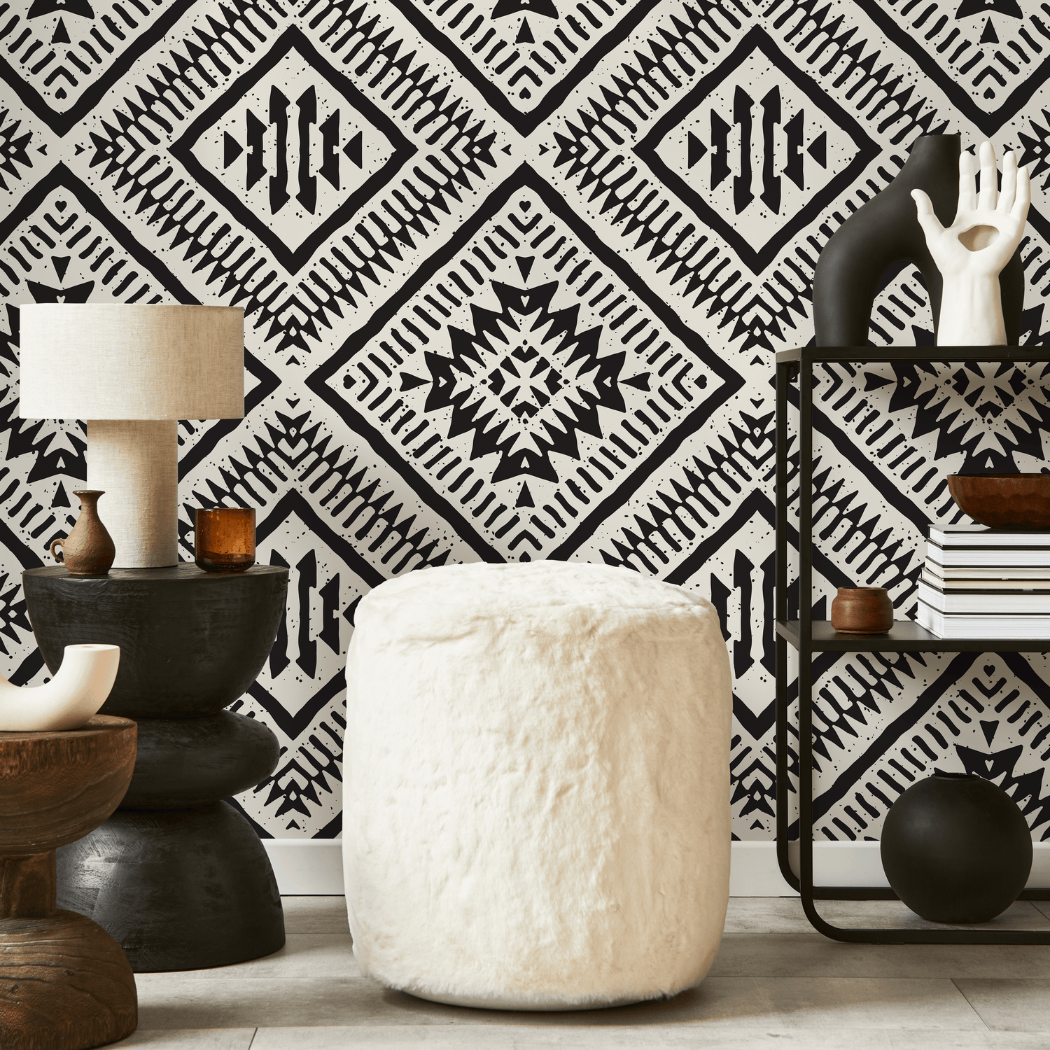 African Wallpaper with a Bold Tribal Diamond Motif in Black and White - C376