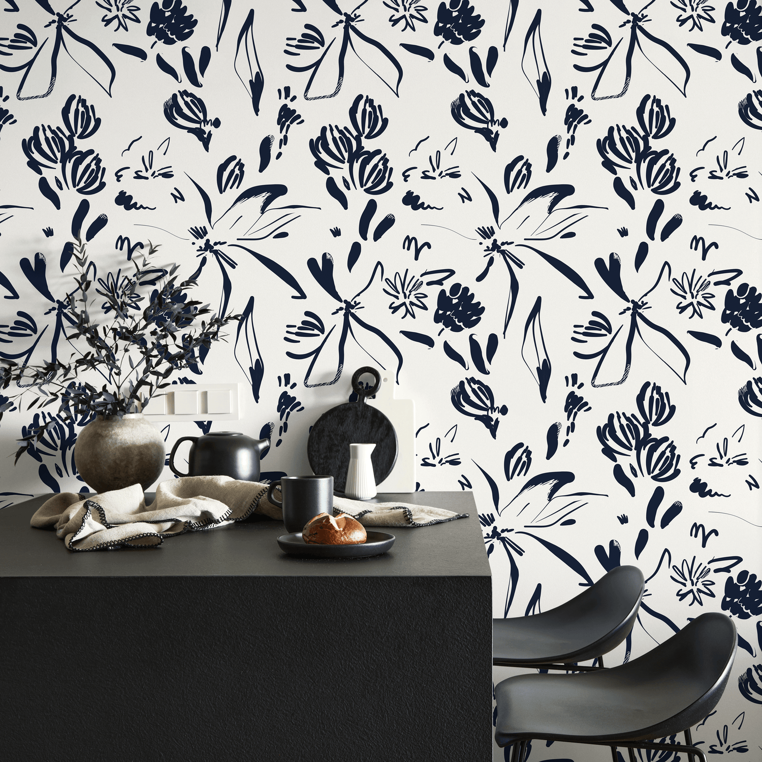 Papier peint autocollant amovible, décoration d'intérieur, art mural, décoration murale, décoration de chambre / Papier peint bohème contemporain bleu marine - C383