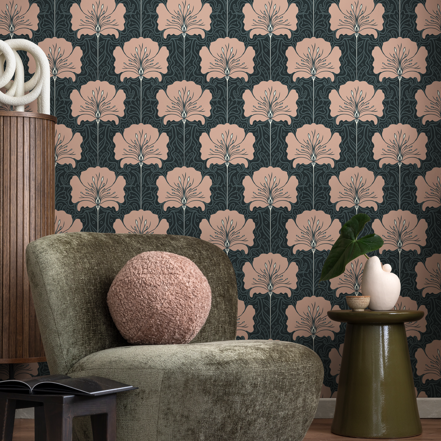 Art Nouveau Wallpaper with a Stylized Floral Motif in Muted Pink and Charcoal - C389