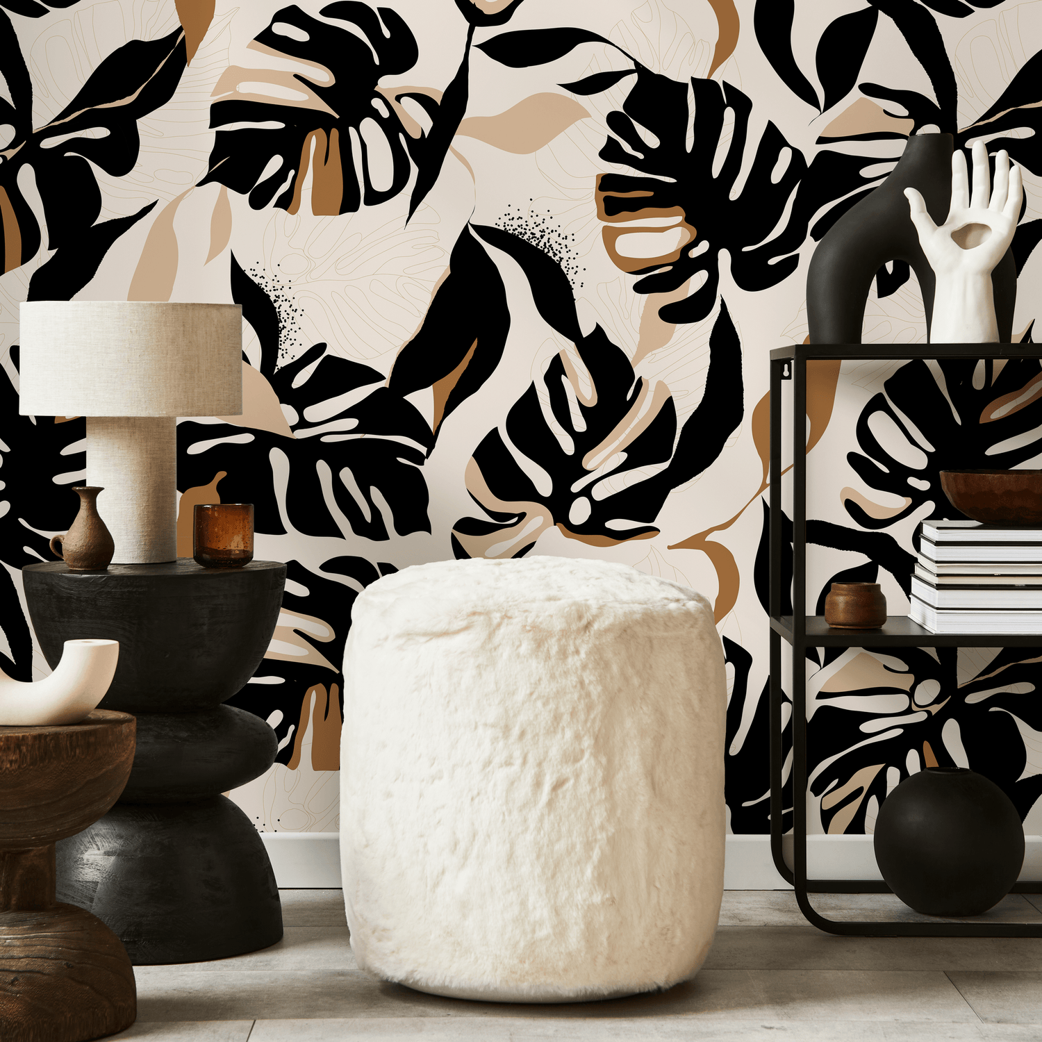Tropical Wallpaper with Stylized Monstera Leaves in Black, Brown, and Beige - C397