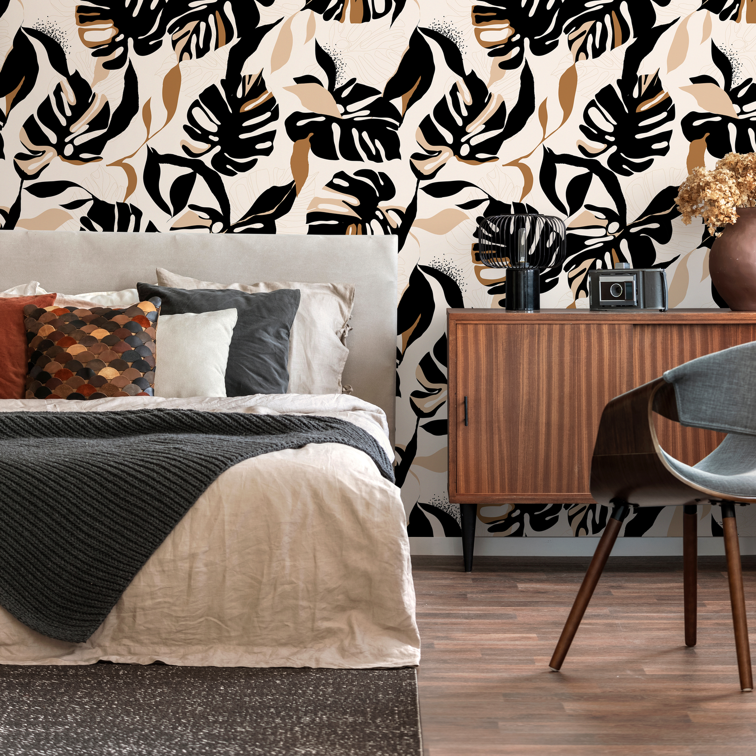 Tropical Wallpaper with Stylized Monstera Leaves in Black, Brown, and Beige - C397
