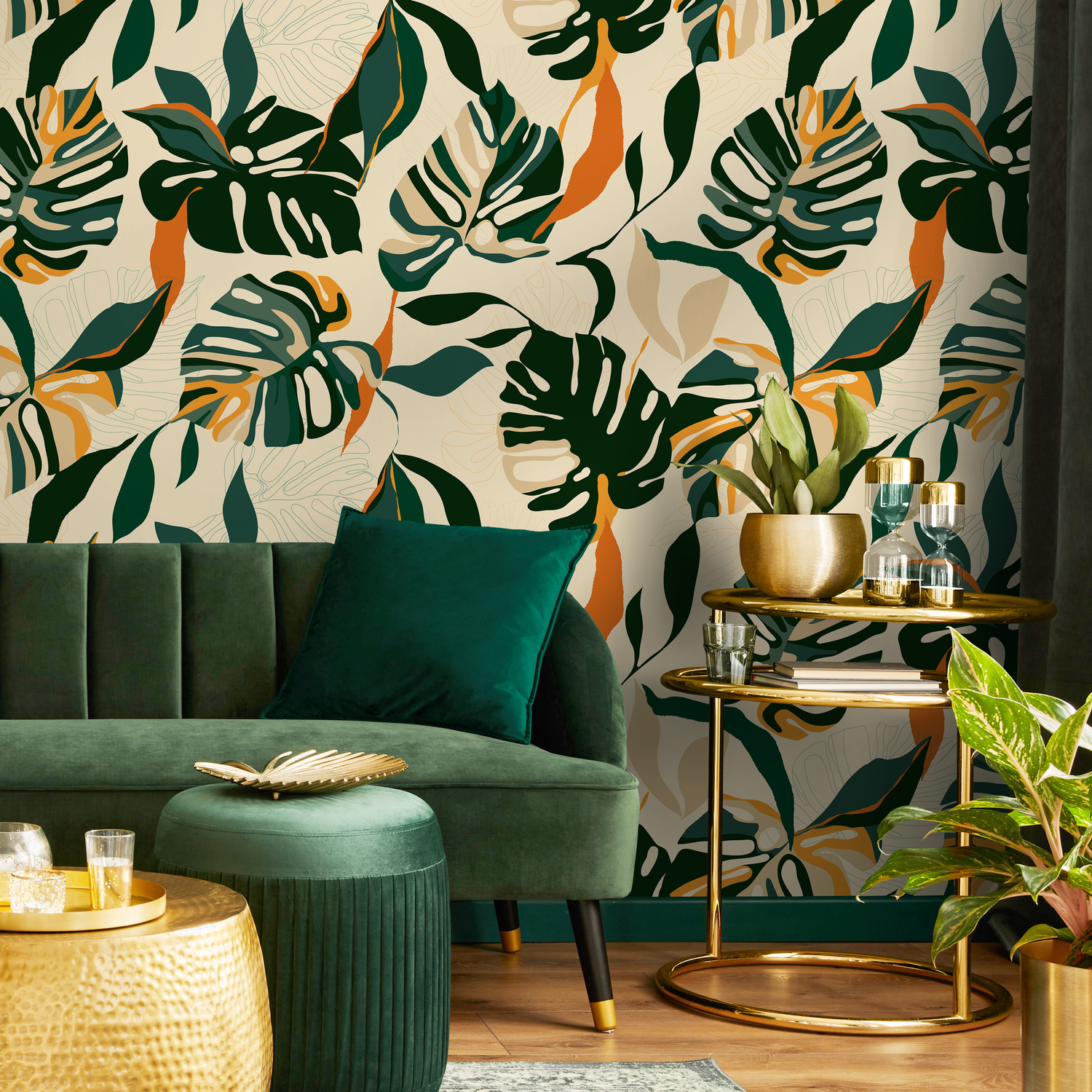 Tropical Wallpaper with Boho Monstera Leaves in Green, Orange, and Tan - C398
