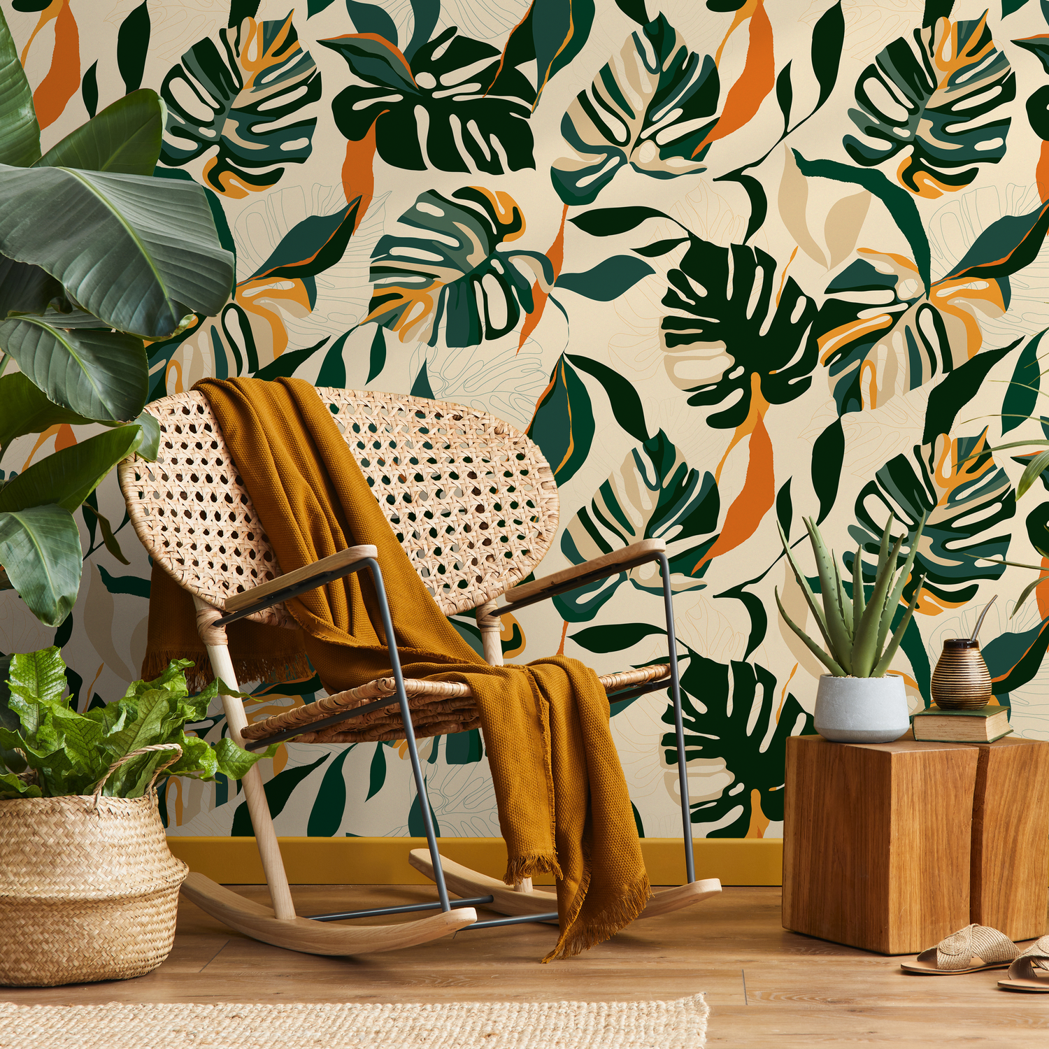 Tropical Wallpaper with Boho Monstera Leaves in Green, Orange, and Tan - C398