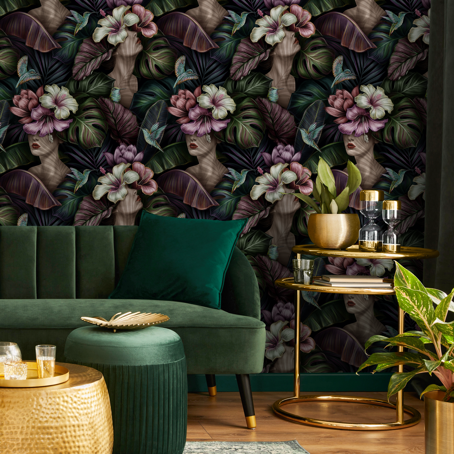 Floral Wallpaper with Surreal Portraits and Tropical Blooms in Purple and Green - C400