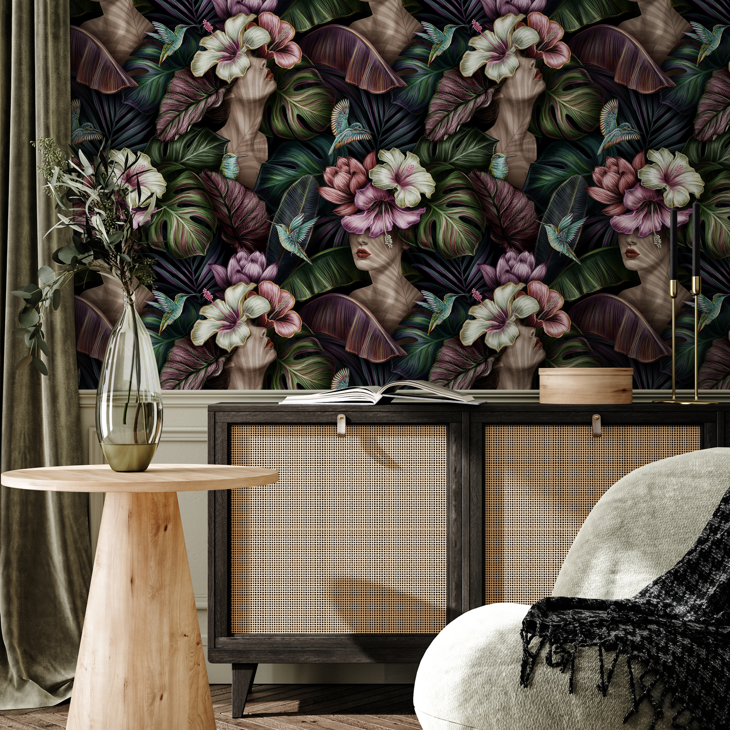 Floral Wallpaper with Surreal Portraits and Tropical Blooms in Purple and Green - C400