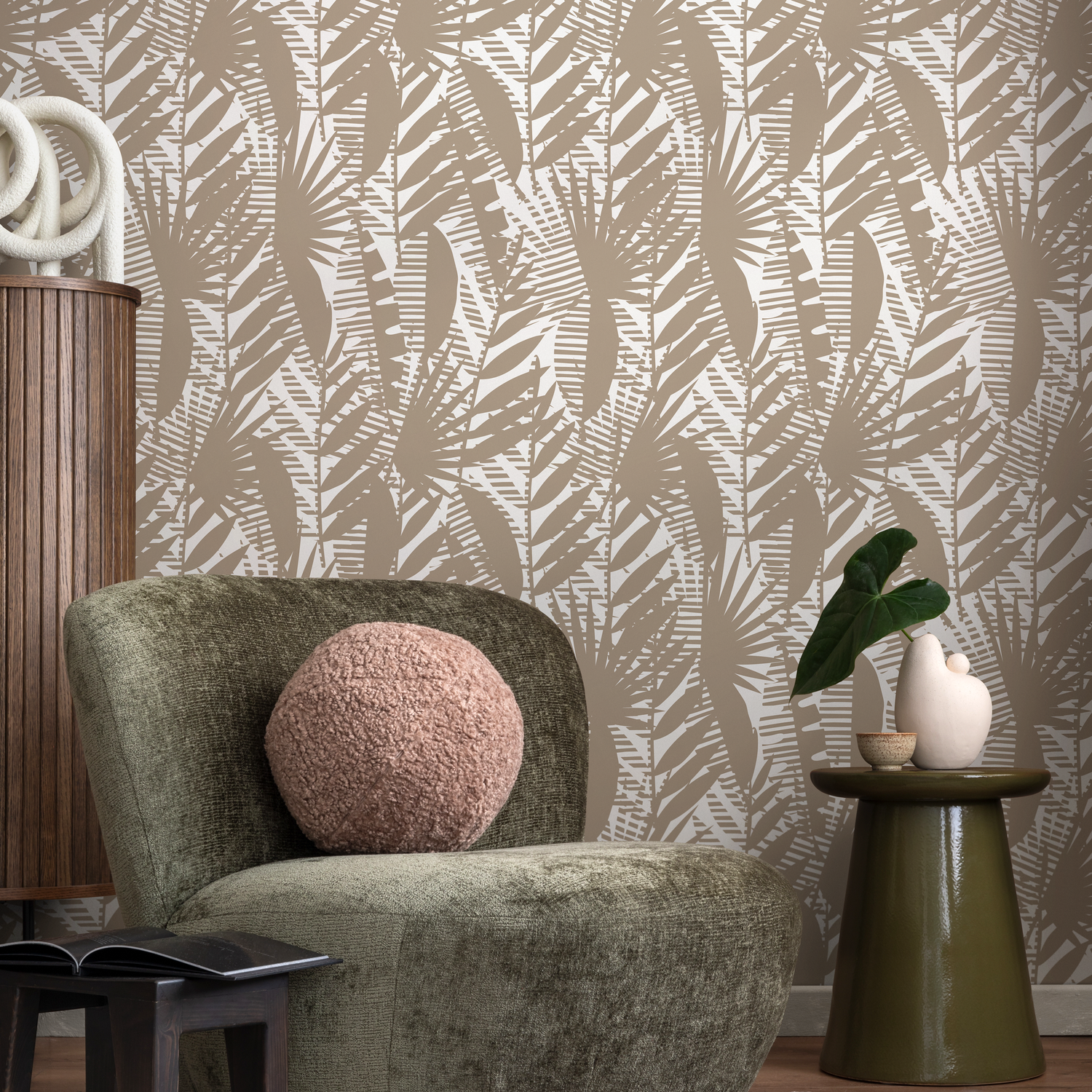 Papel pintado autoadhesivo, papel pintado extraíble, decoración del hogar, arte de pared, decoración de habitaciones, papel pintado abstracto con hojas beige - C402