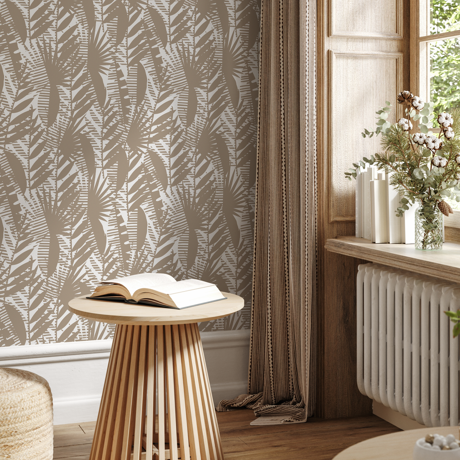 Papel pintado autoadhesivo, papel pintado extraíble, decoración del hogar, arte de pared, decoración de habitaciones, papel pintado abstracto con hojas beige - C402