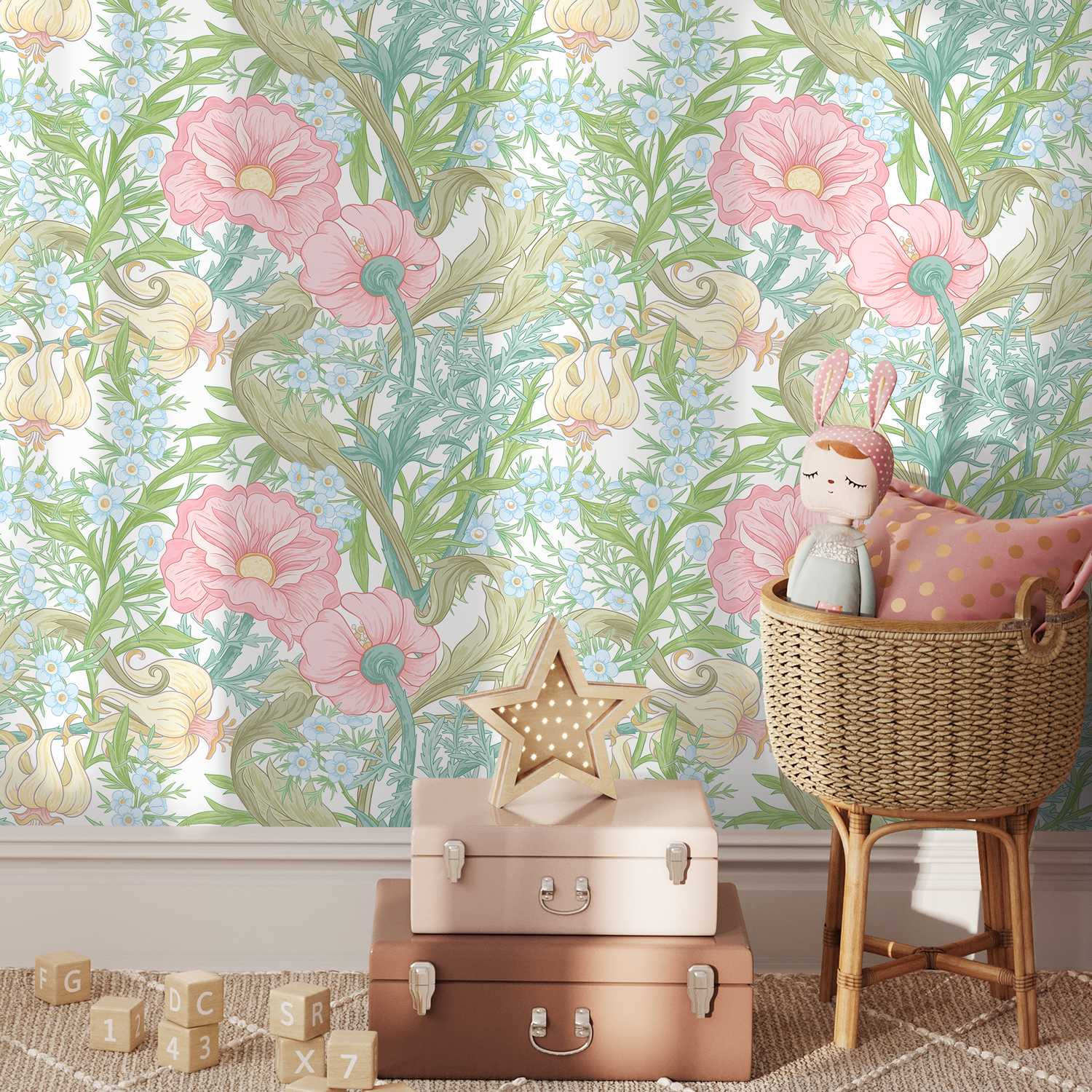 Art Nouveau Wallpaper with Elegant Blooms in Pink, Blue, and Green - C409