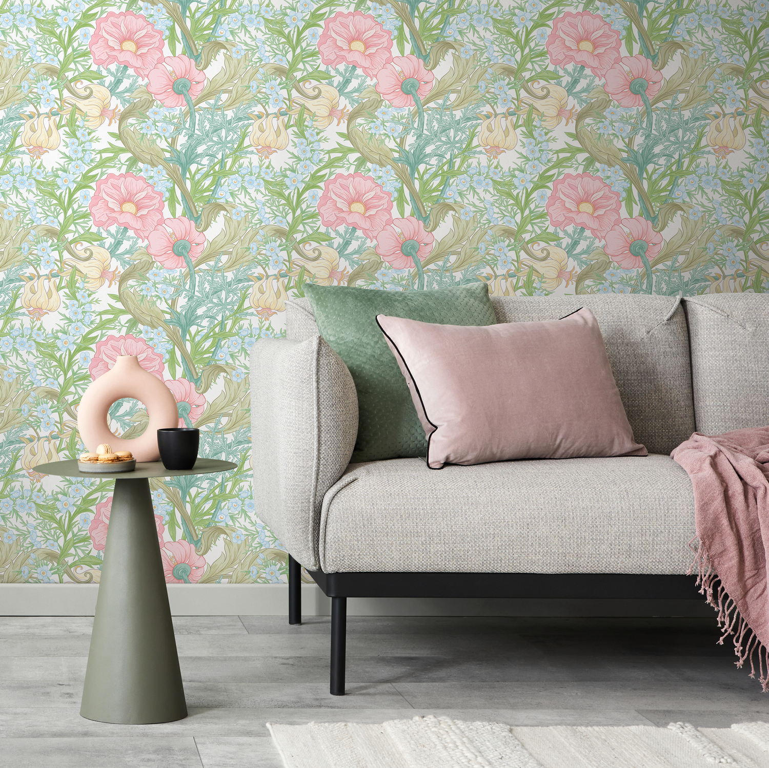 Art Nouveau Wallpaper with Elegant Blooms in Pink, Blue, and Green - C409