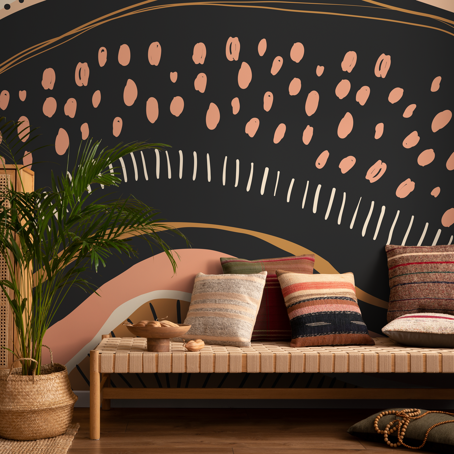 Abstract Wallpaper with Organic Shapes and Lines in Black, Terracotta, and Gold - C412