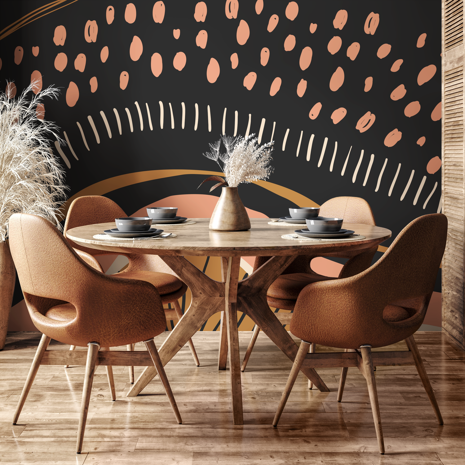 Abstract Wallpaper with Organic Shapes and Lines in Black, Terracotta, and Gold - C412