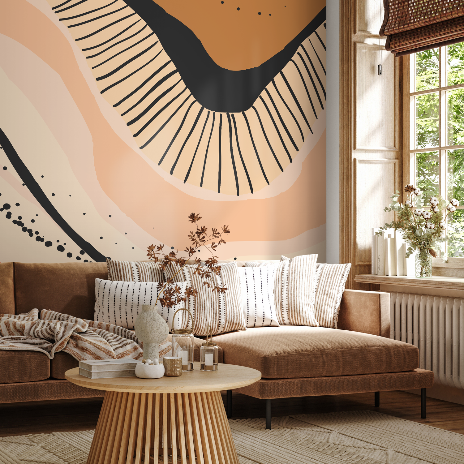 Abstract Wallpaper with an Organic Motif in Orange, Black, and Beige - C413