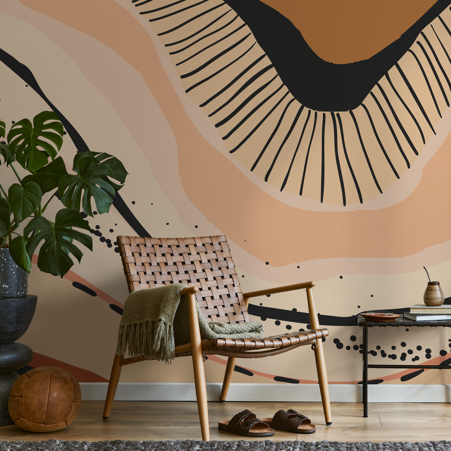 Abstract Wallpaper with an Organic Motif in Orange, Black, and Beige - C413