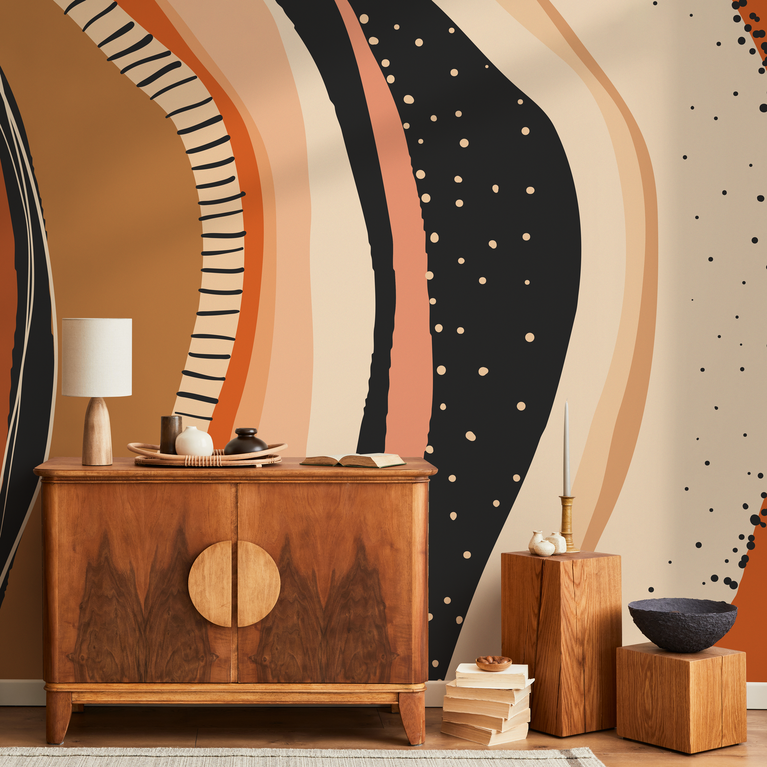 Abstract Wallpaper with Organic Shapes in Orange, Black, and Beige - C414