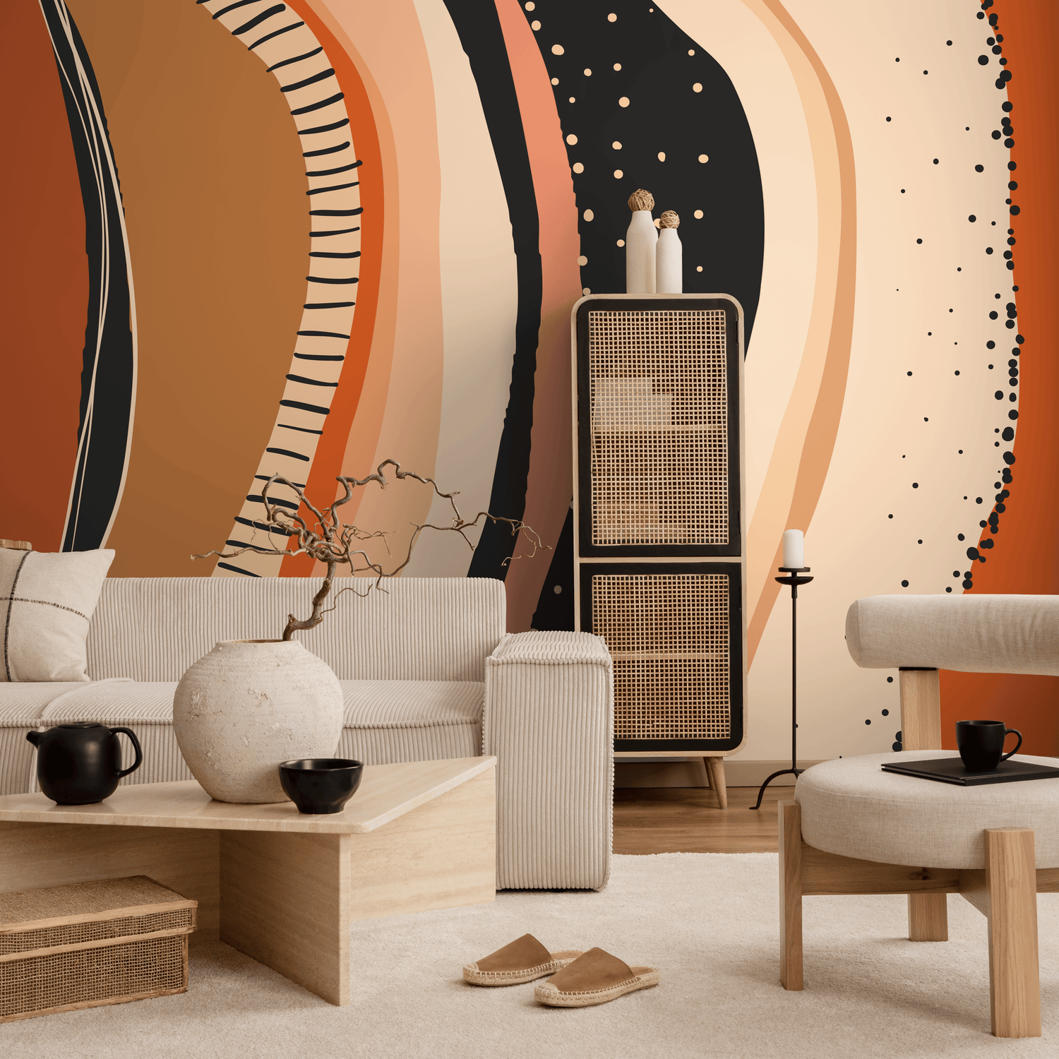 Abstract Wallpaper with Organic Shapes in Orange, Black, and Beige - C414