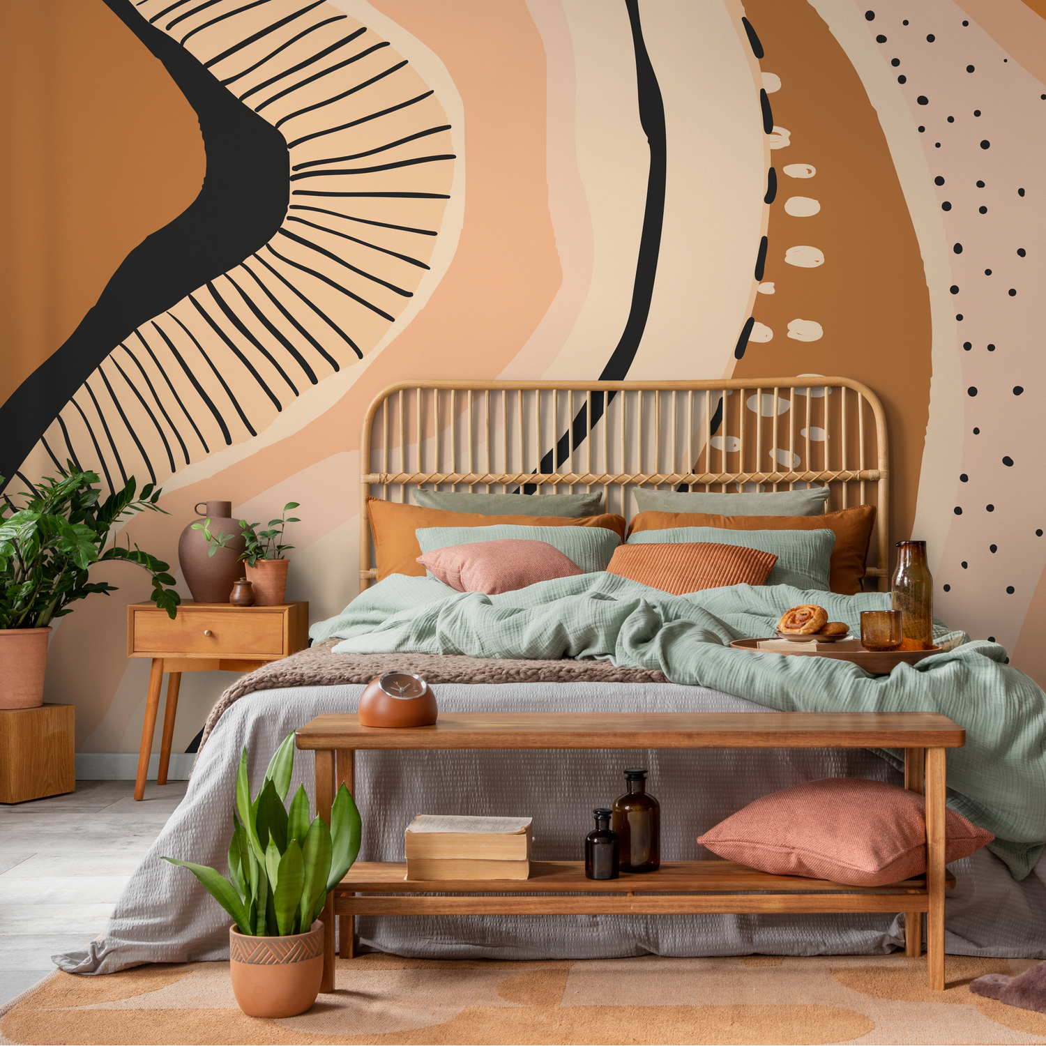 Abstract Wallpaper with Earthy Organic Shapes in Brown, Beige, and Black - C415