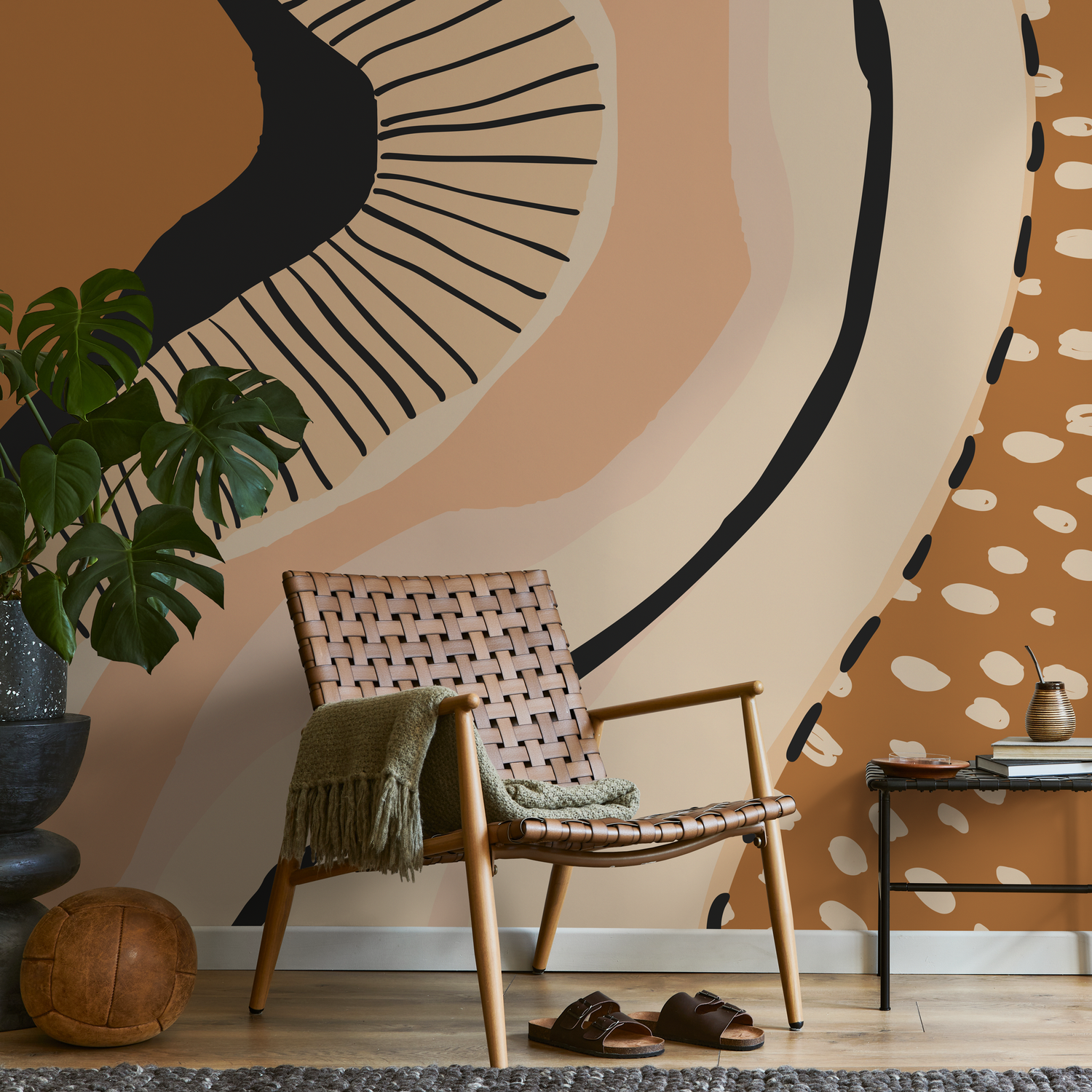 Abstract Wallpaper with Earthy Organic Shapes in Brown, Beige, and Black - C415