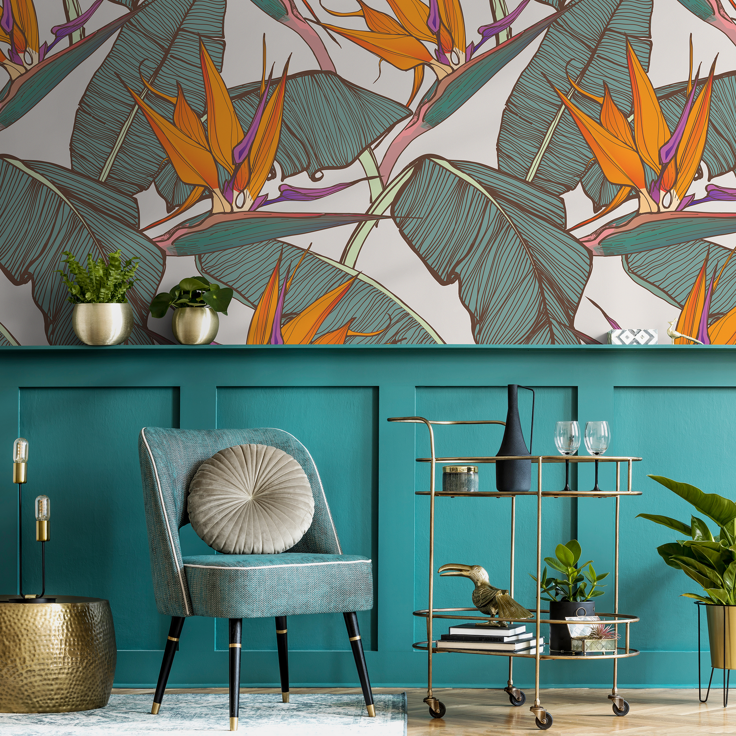 Tropical Wallpaper with Bird of Paradise Flowers in Orange, Teal, and Purple - C416
