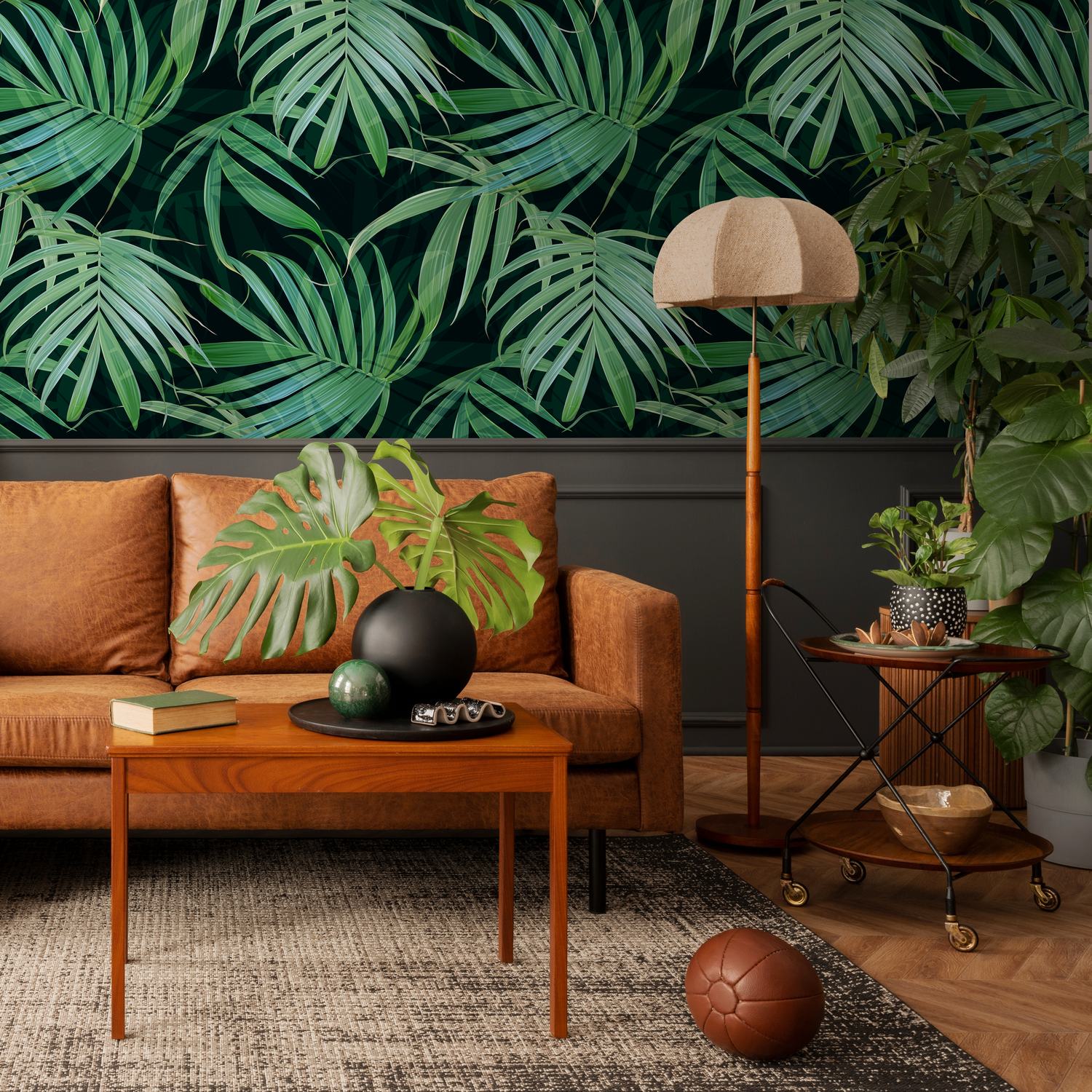 Tropical Wallpaper with Layered Palm Leaves in Green and Black - C417