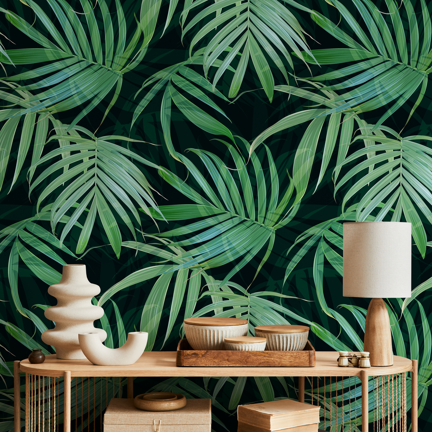 Tropical Wallpaper with Layered Palm Leaves in Green and Black - C417
