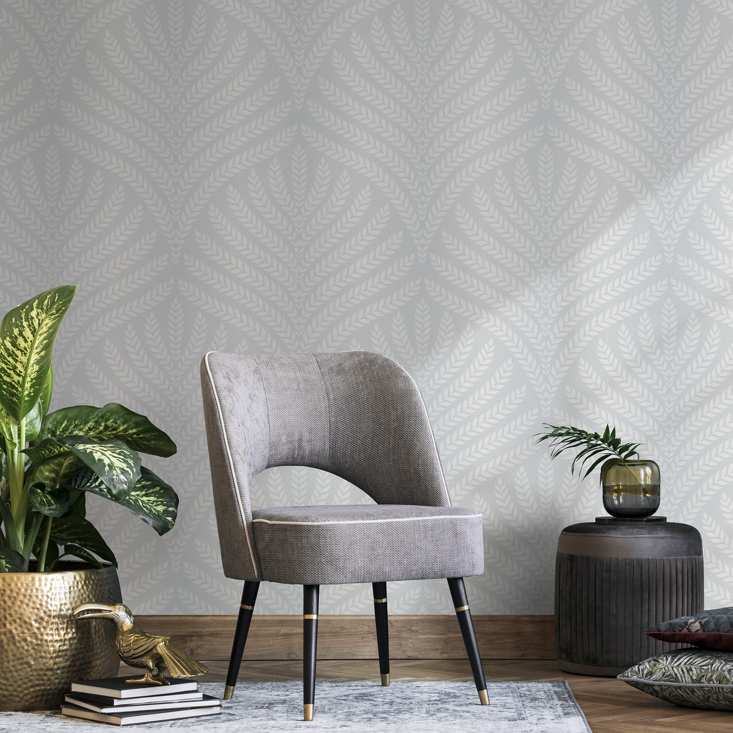 Art Deco Wallpaper with a Stylized Leaf Motif in Light Gray and White - C420