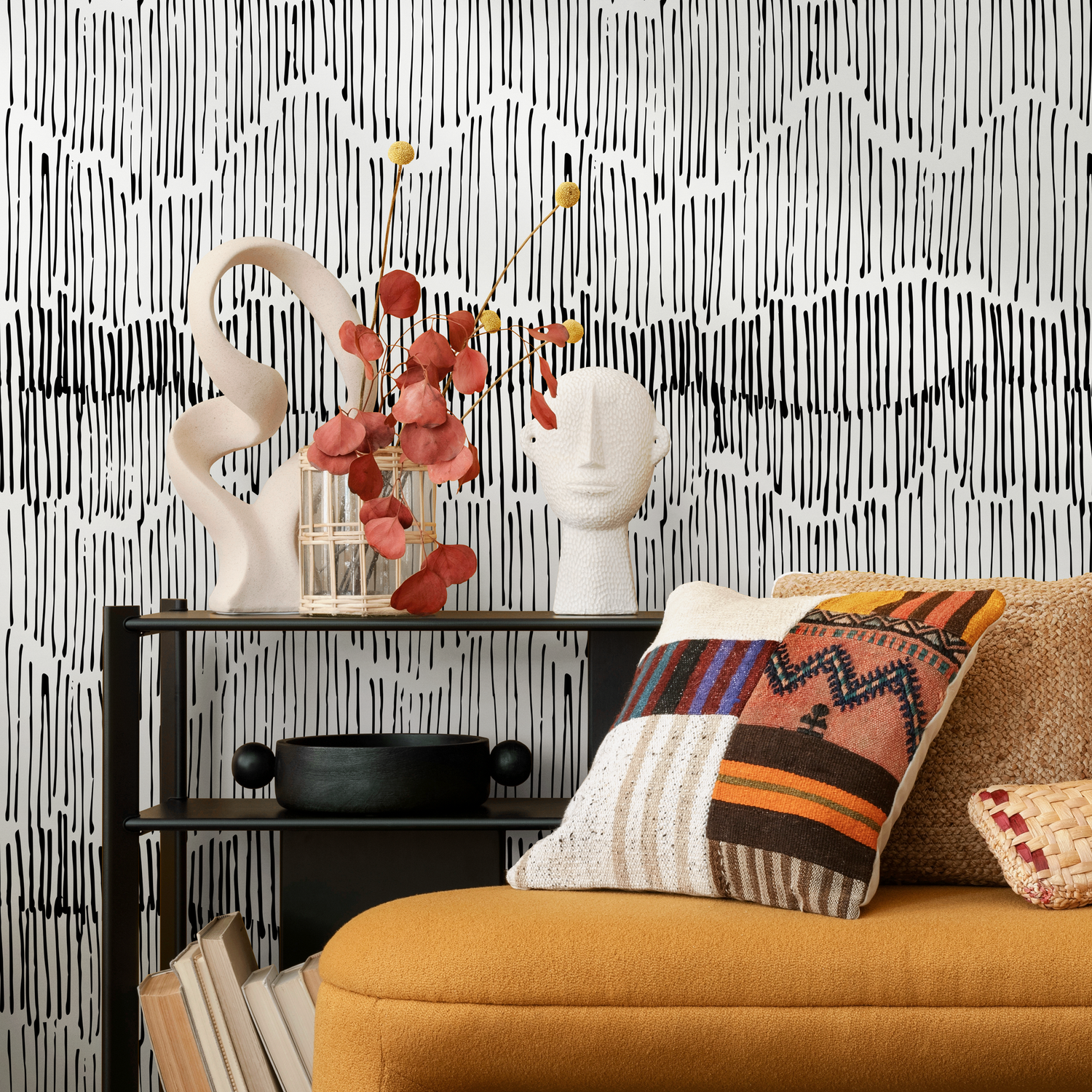 Papel tapiz autoadhesivo, papel tapiz extraíble, decoración del hogar, arte de pared, decoración de habitaciones, líneas negras abstractas - C421