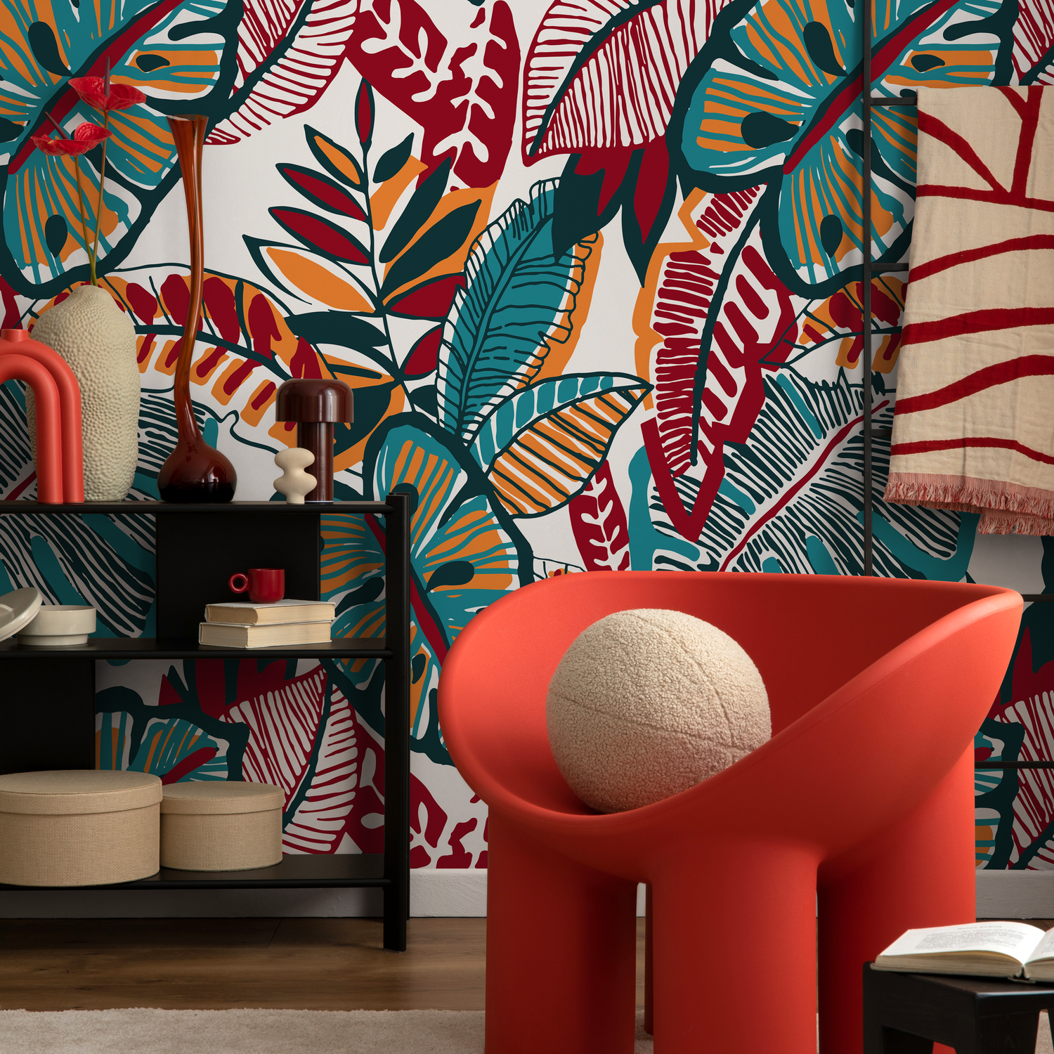 Botanical Wallpaper Featuring Stylized Leaves in Red, Teal, and Orange - C430