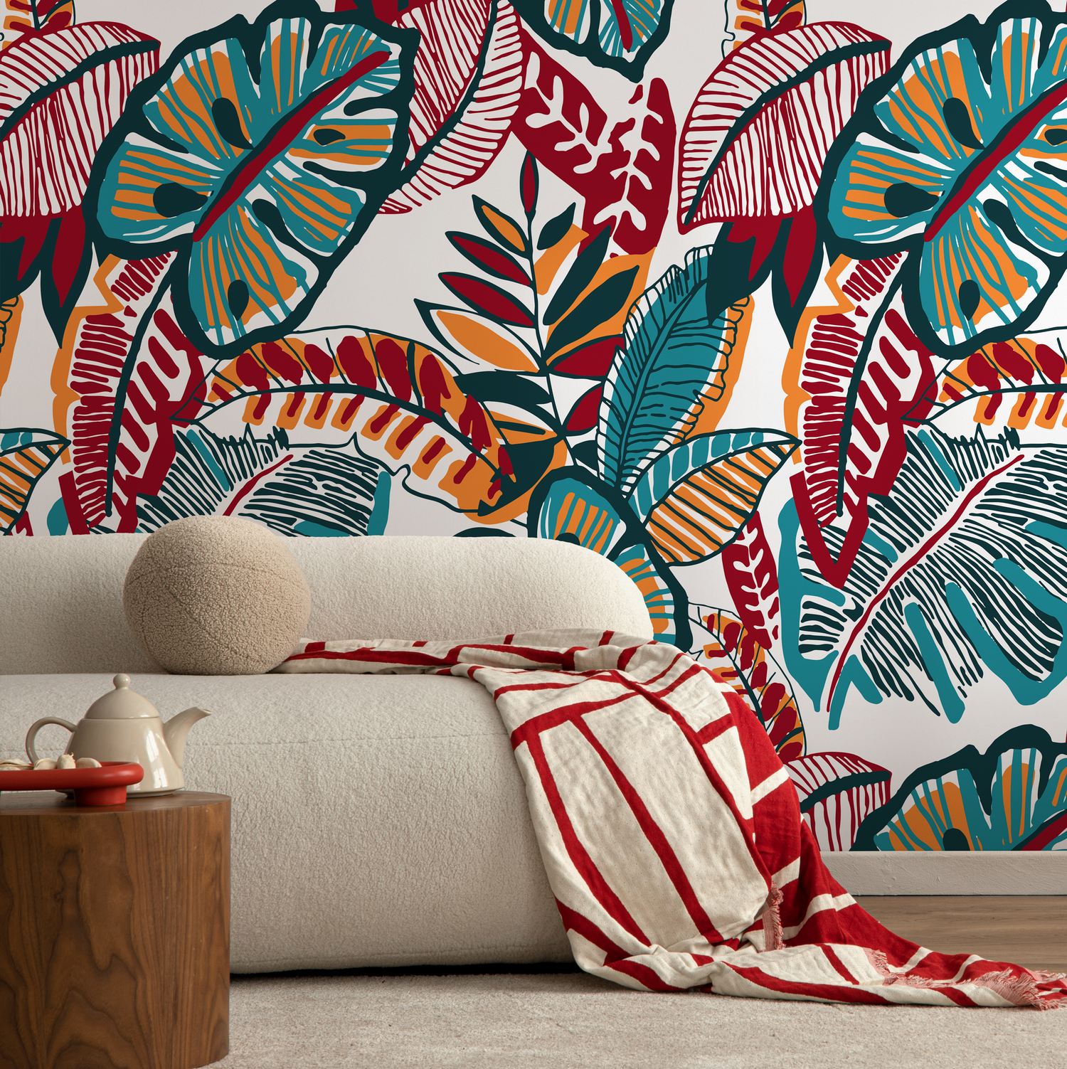 Botanical Wallpaper Featuring Stylized Leaves in Red, Teal, and Orange - C430