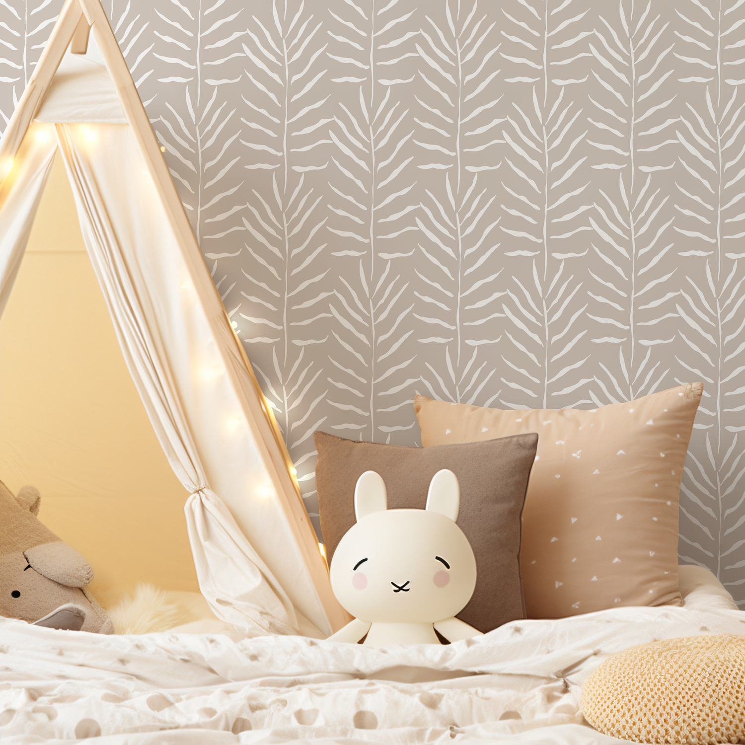 Botanical Wallpaper with a Minimalist Leaf Pattern in Taupe and White - C431