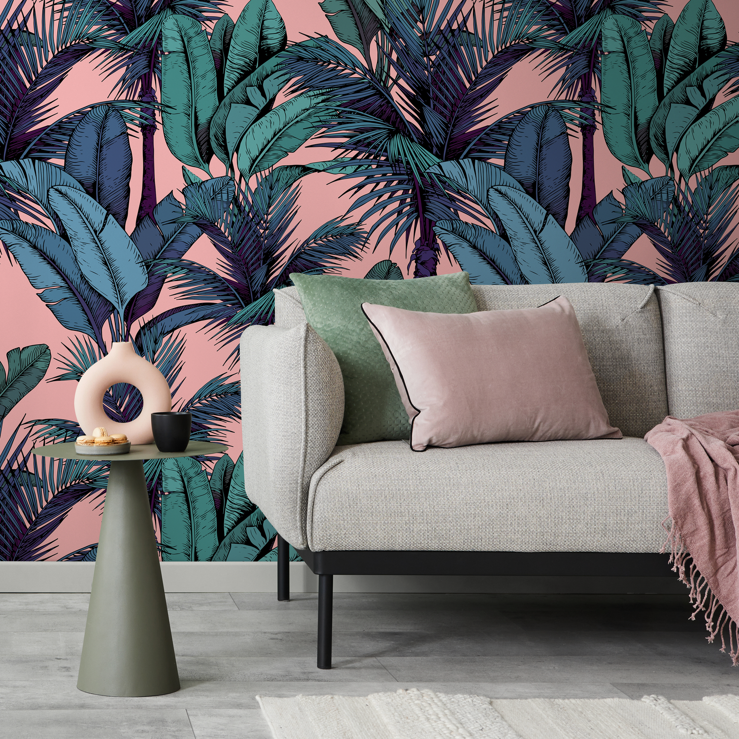 Tropical Wallpaper with Illustrated Palm Trees in Pink, Green, and Blue - C442
