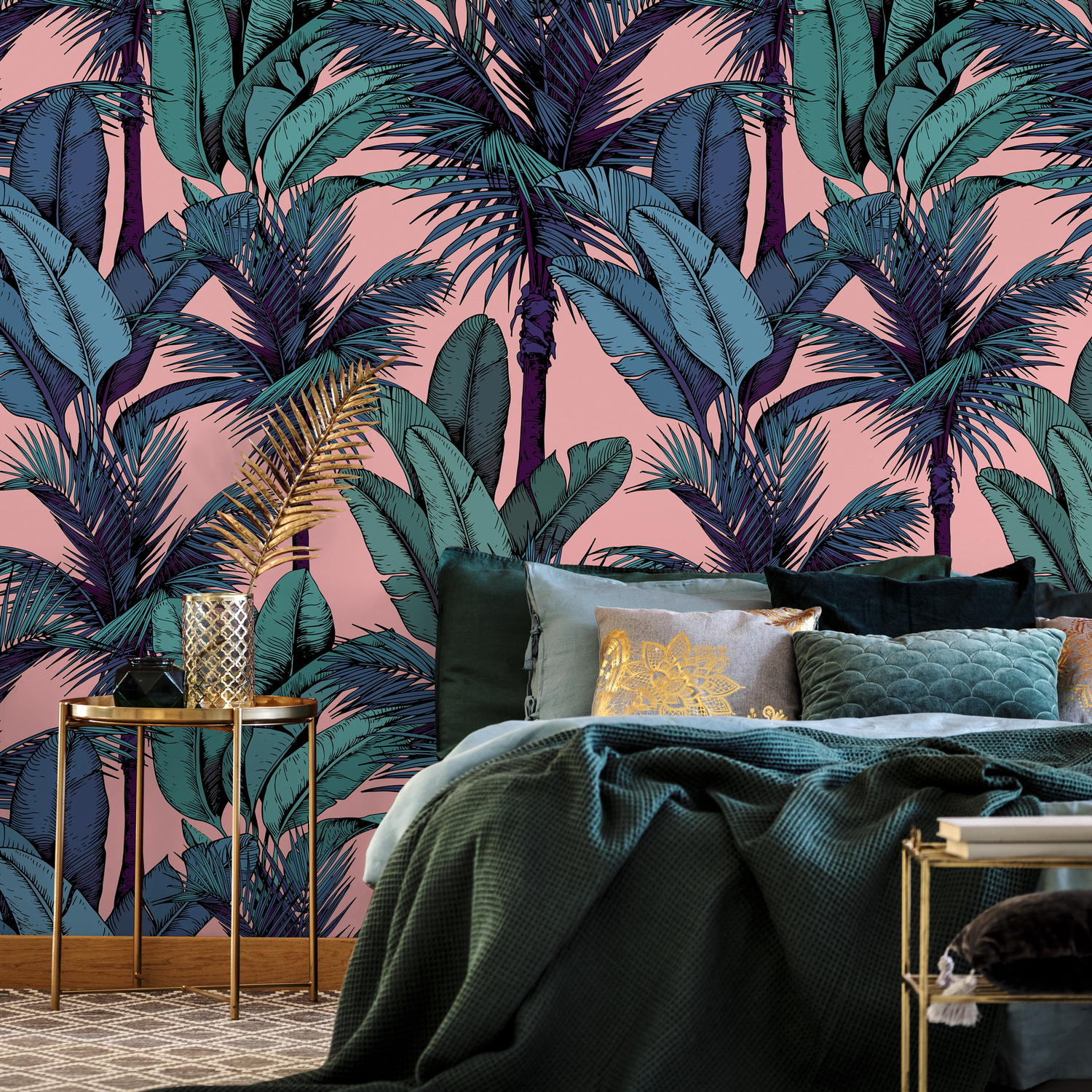 Tropical Wallpaper with Illustrated Palm Trees in Pink, Green, and Blue - C442