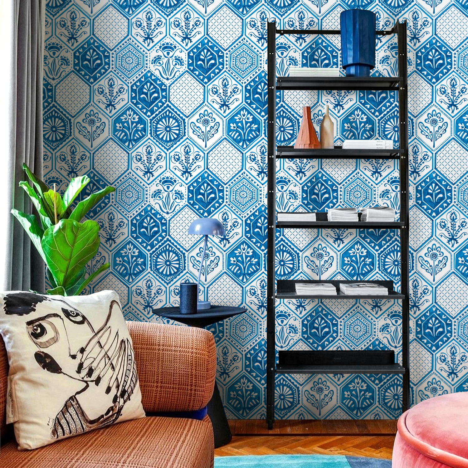 Papel pintado autoadhesivo, papel pintado extraíble, decoración del hogar, arte de pared, decoración de habitaciones / Papel pintado de acuarela azul damasco - C445