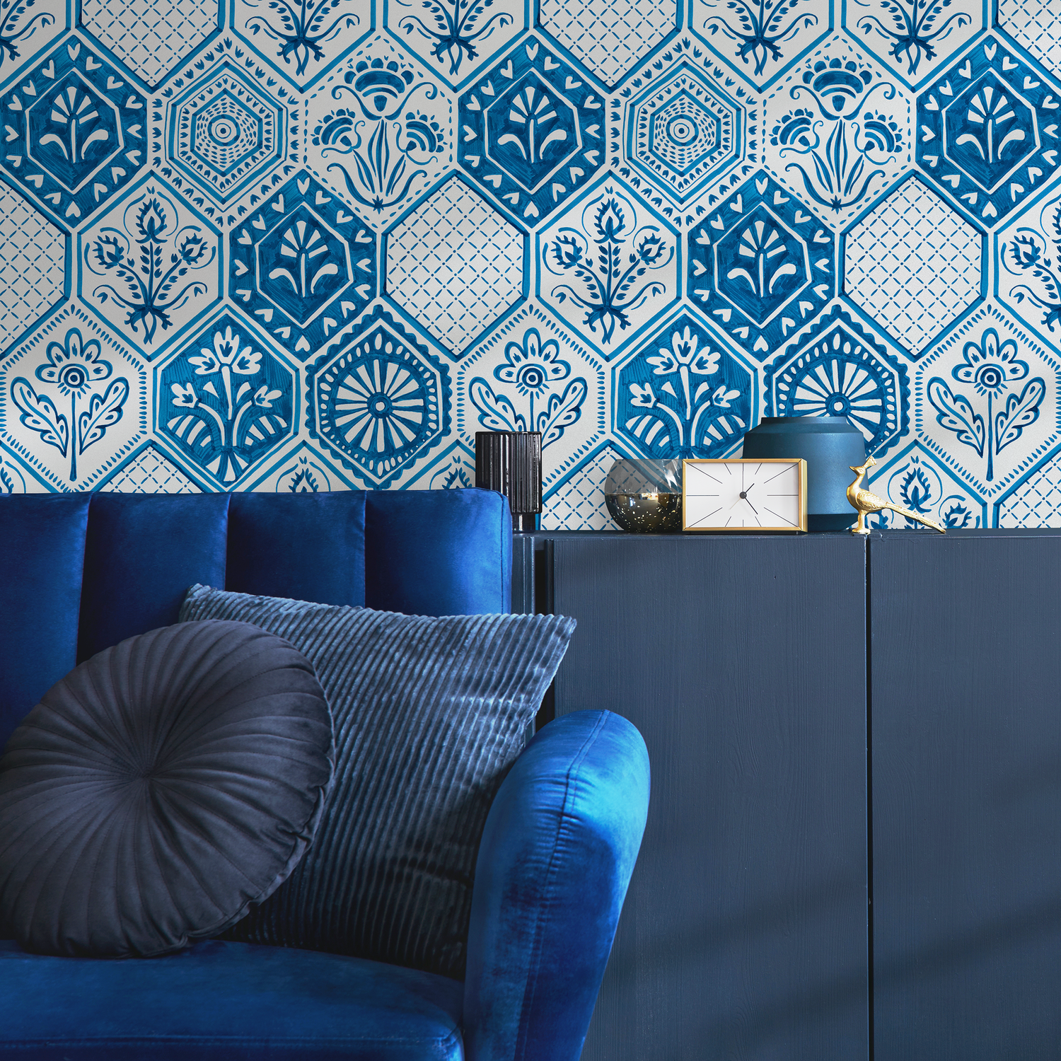 Papel pintado autoadhesivo, papel pintado extraíble, decoración del hogar, arte de pared, decoración de habitaciones / Papel pintado de acuarela azul damasco - C445